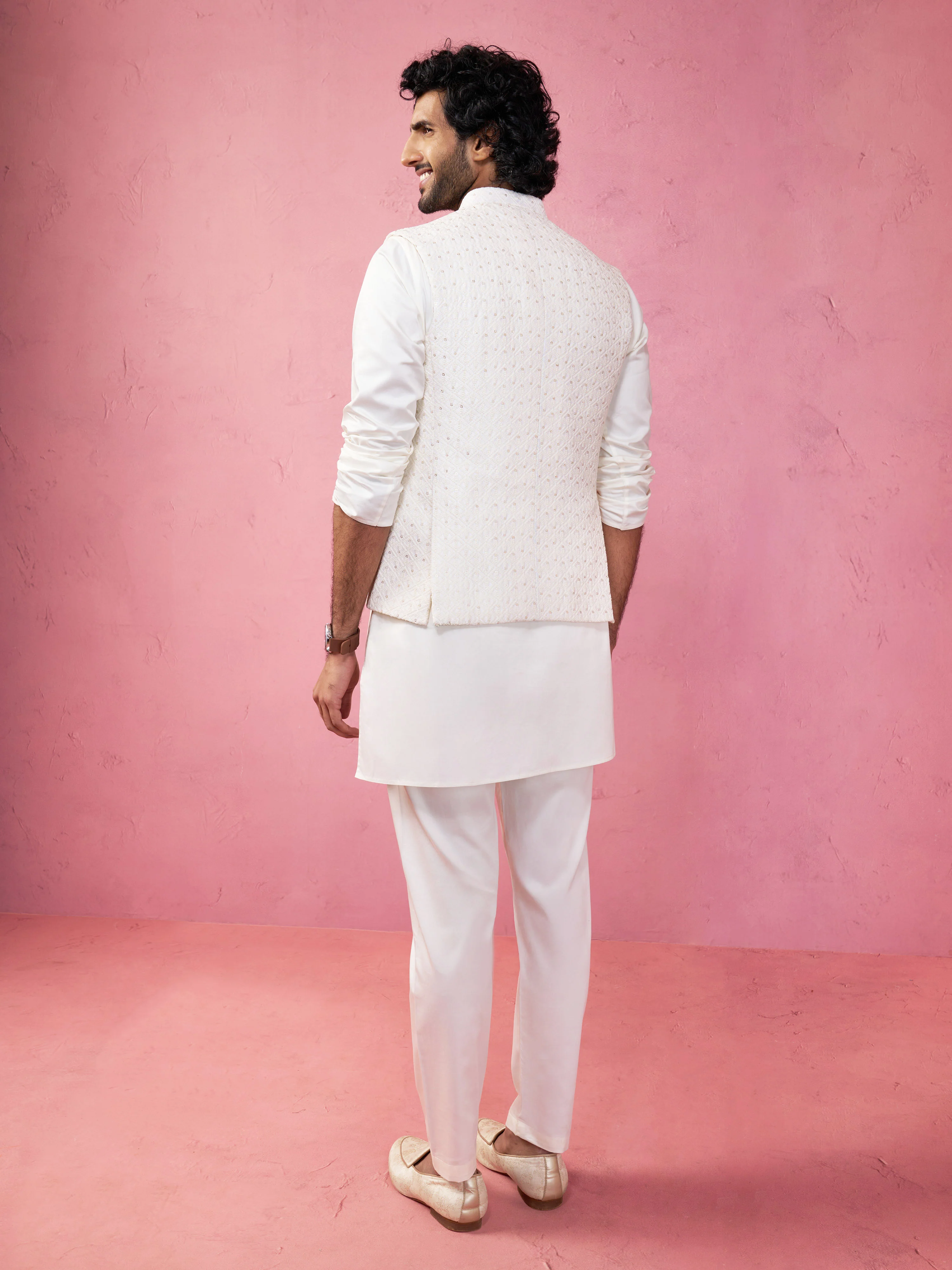 Men's Cream Embroidered Nehru Jacket with Kurta Pyjama - Image 5