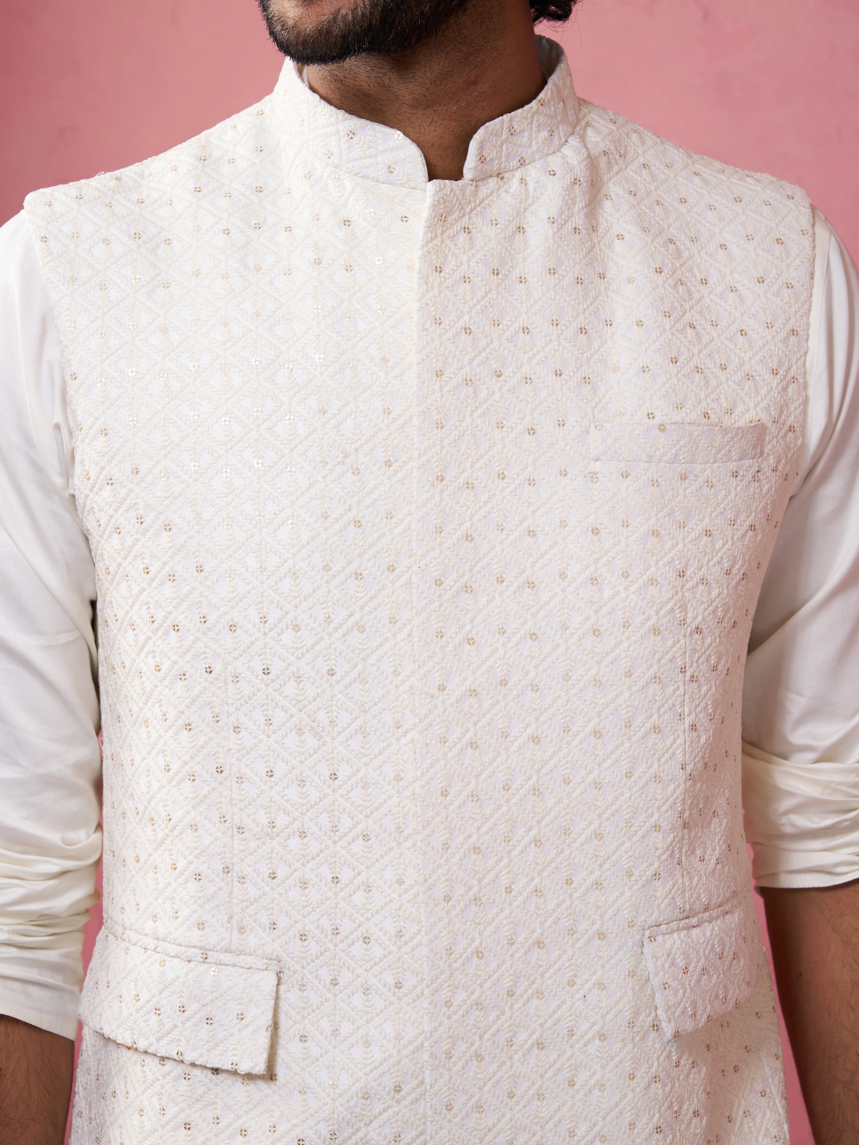 Men's Cream Kia Silk Embroidered Nehru Jacket - Image 2