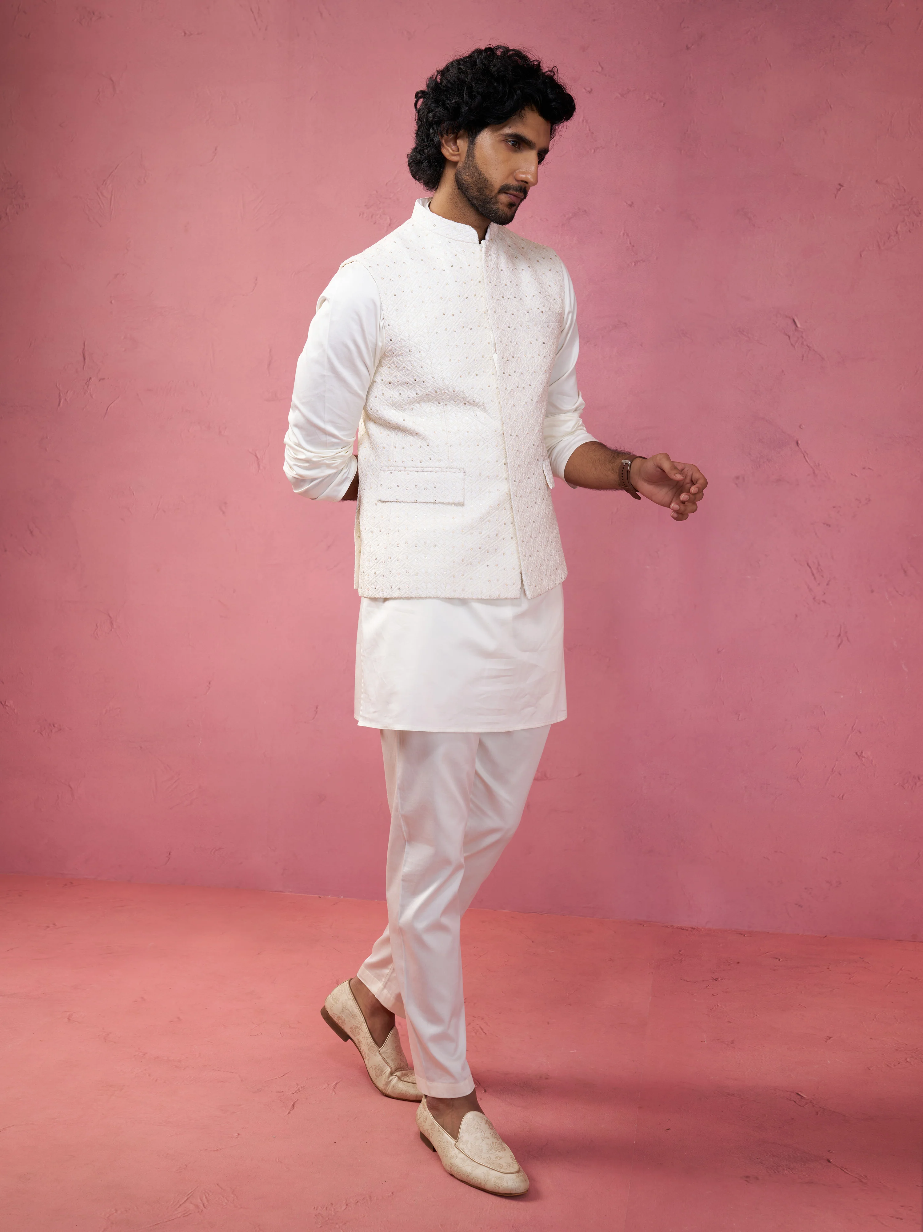 Men's Cream Kia Silk Embroidered Nehru Jacket - Image 6