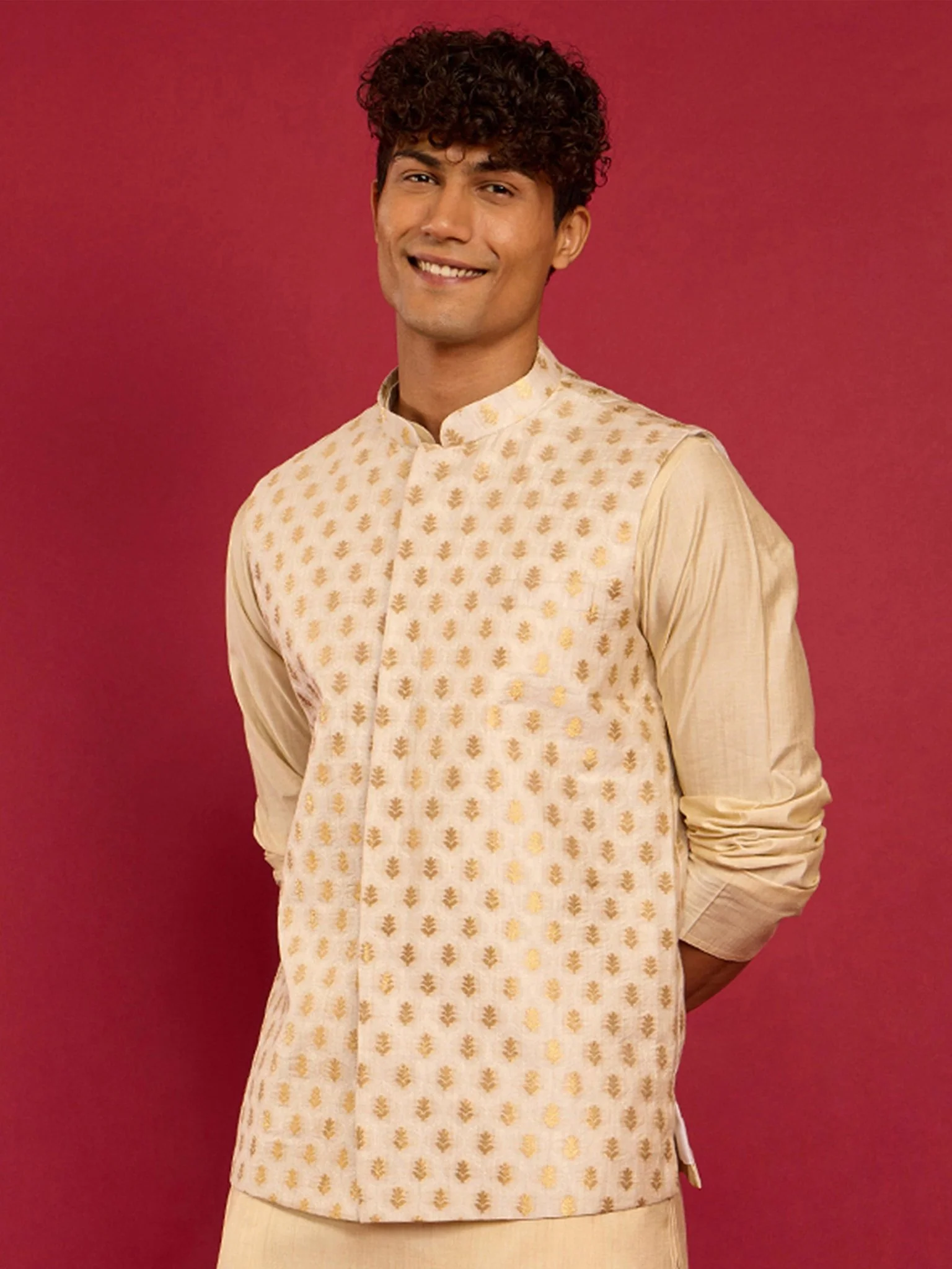 Men's Cream Silk Blend Nehru Jacket - Image 4