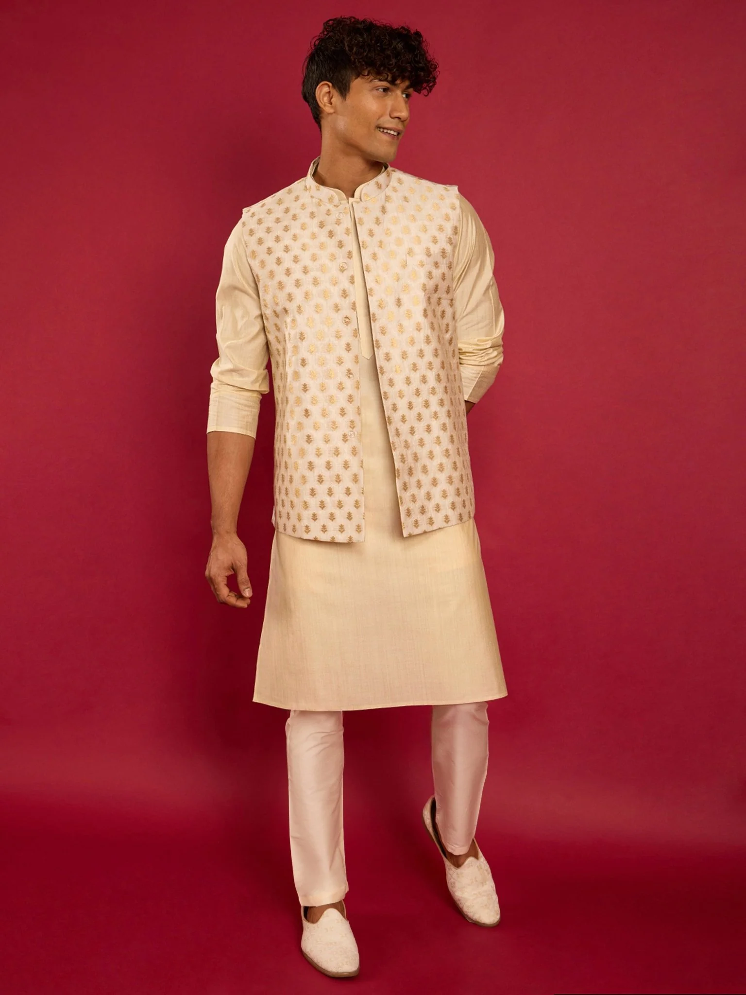 Men's Cream Silk Blend Nehru Jacket - Image 6