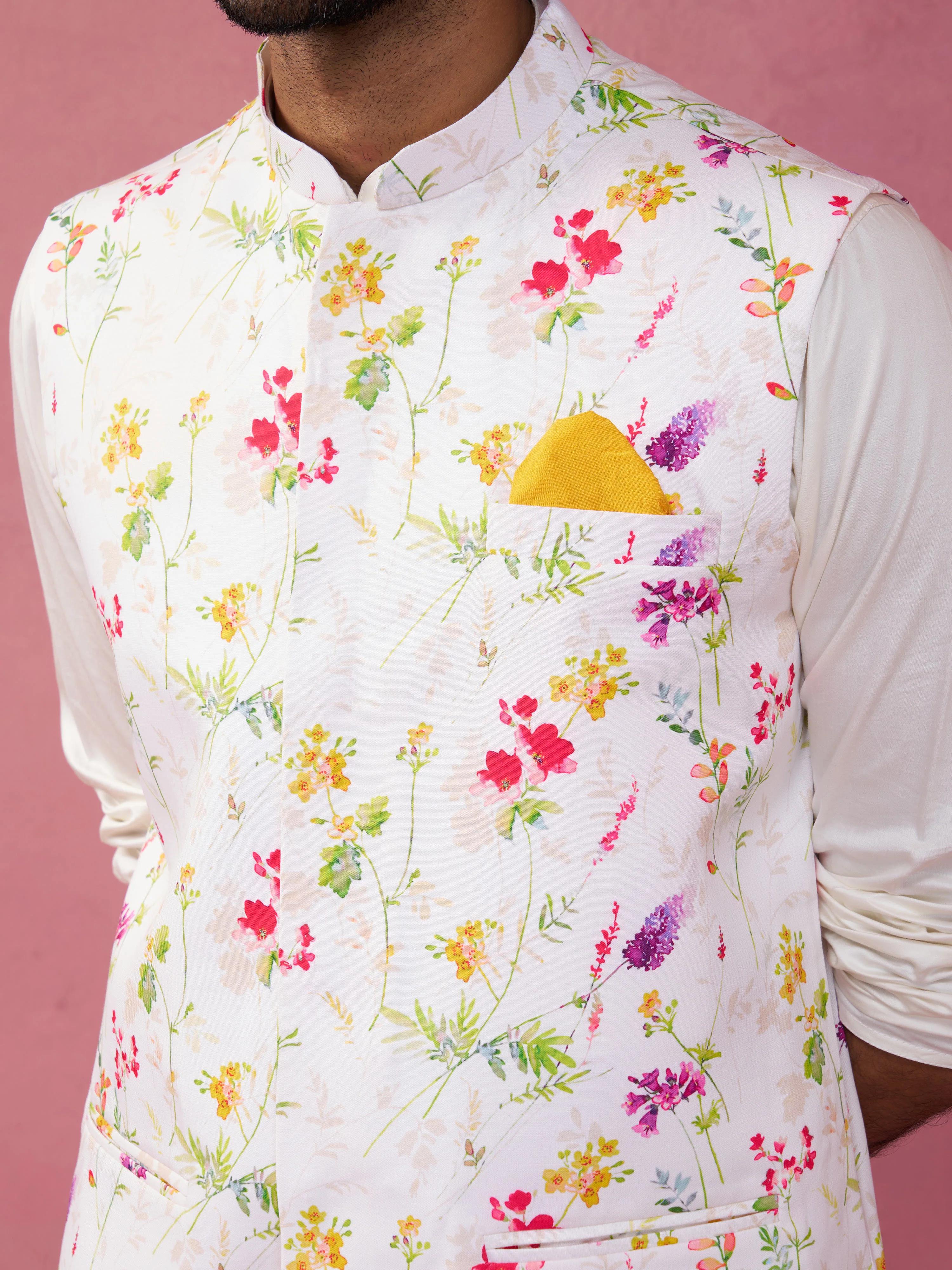 Men's Cream Silk Blend Nehru Jacket Kurta Pyjama Set - Image 2