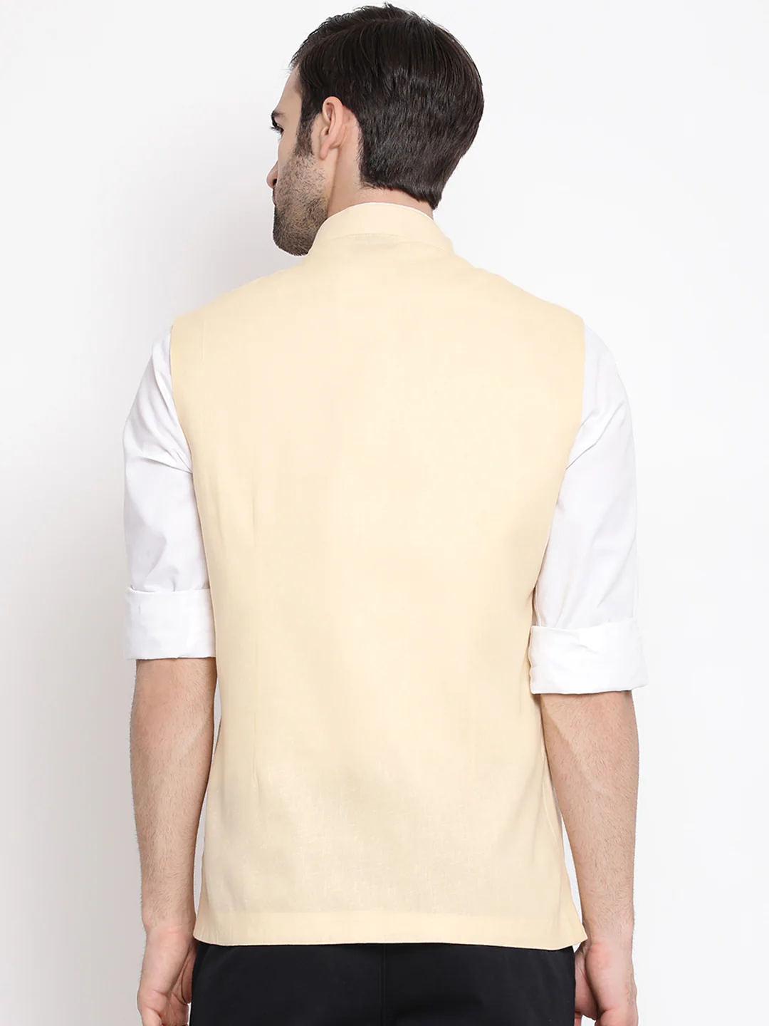 Men's Cream Solid Classic Royal Cotton Blend Nehru Jacket - Image 3