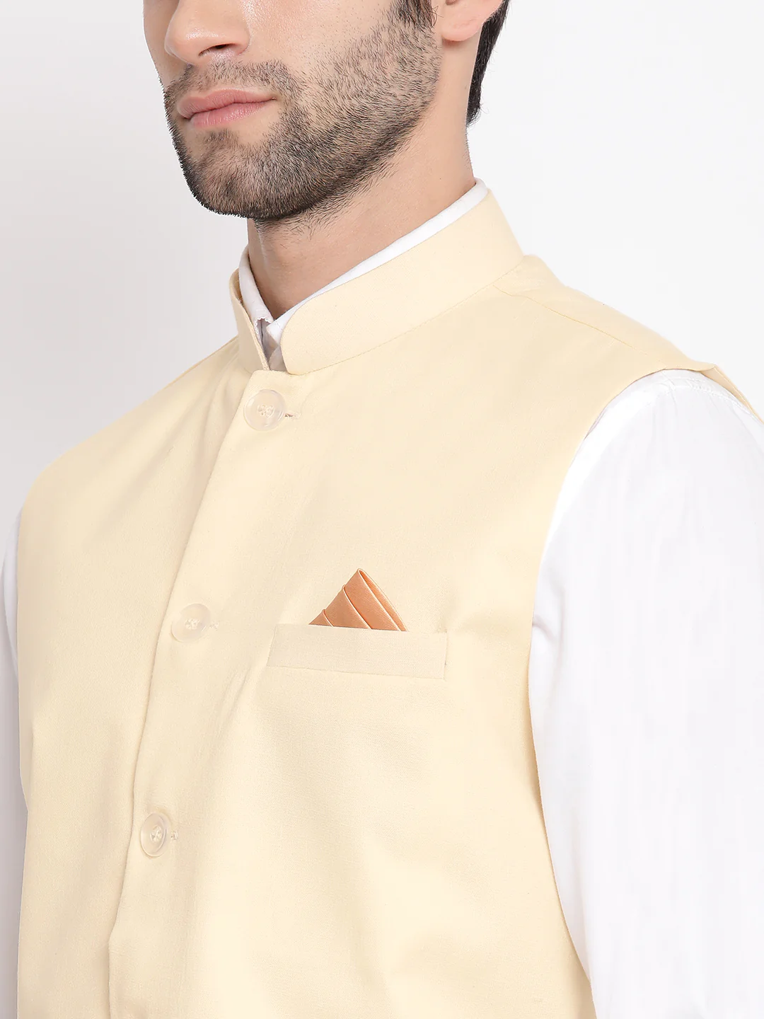Men's Cream Solid Classic Royal Cotton Blend Nehru Jacket - Image 4