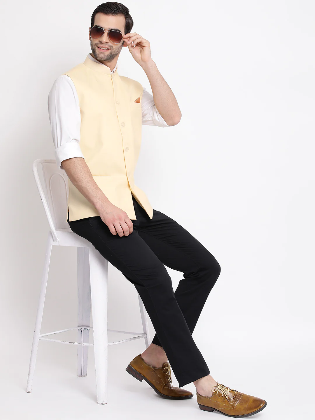 Men's Cream Solid Classic Royal Cotton Blend Nehru Jacket - Image 5