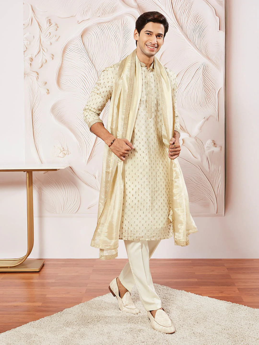Men's Cream Tissue Silk Zari Kurta with Satin Pyjama and Lace Dupatta Set - Image 4