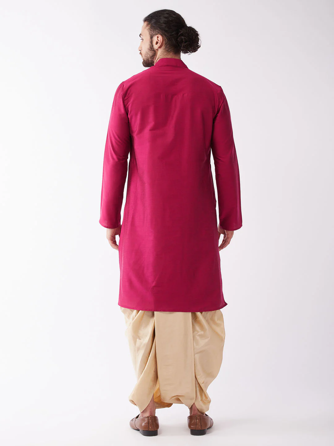 Men's Fuchsia Pink And Gold Cotton Silk Blend Kurta And Dhoti Set - Image 3