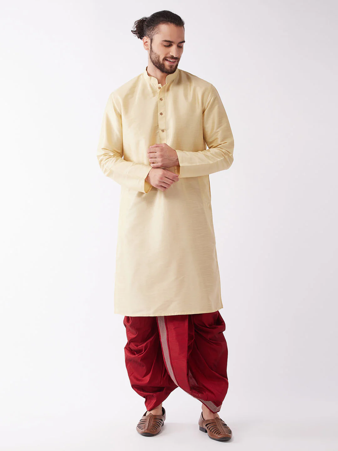 Men's Gold And Maroon Silk Blend Kurta And Dhoti Set