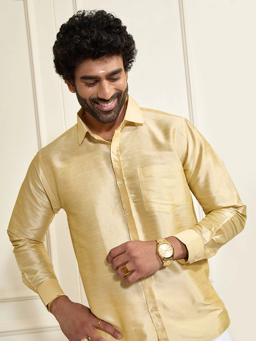 Men's Gold Silk Blend Shirt And Mundu - Image 2