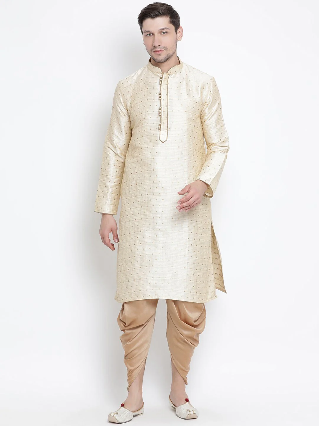 VASTRAMAY Men's Gold Zari Weaved Kurta Dhoti Set