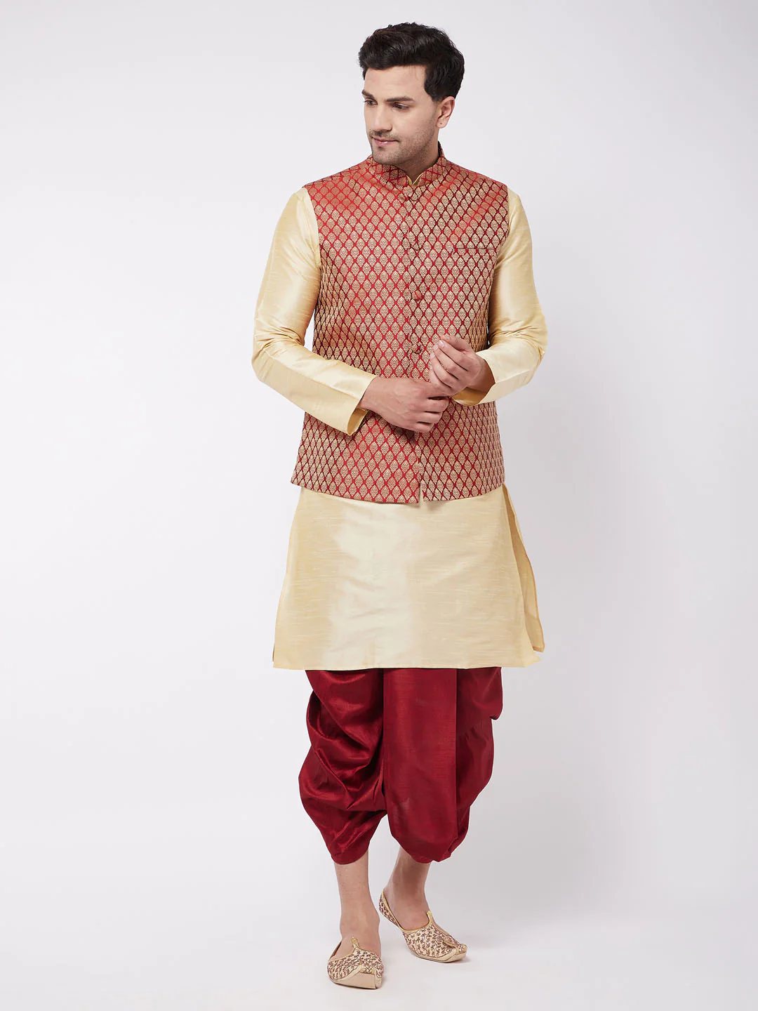 Men's Gold Silk Blend Kurta And Dhoti With Maroon Woven Nehru Jacket - Image 2