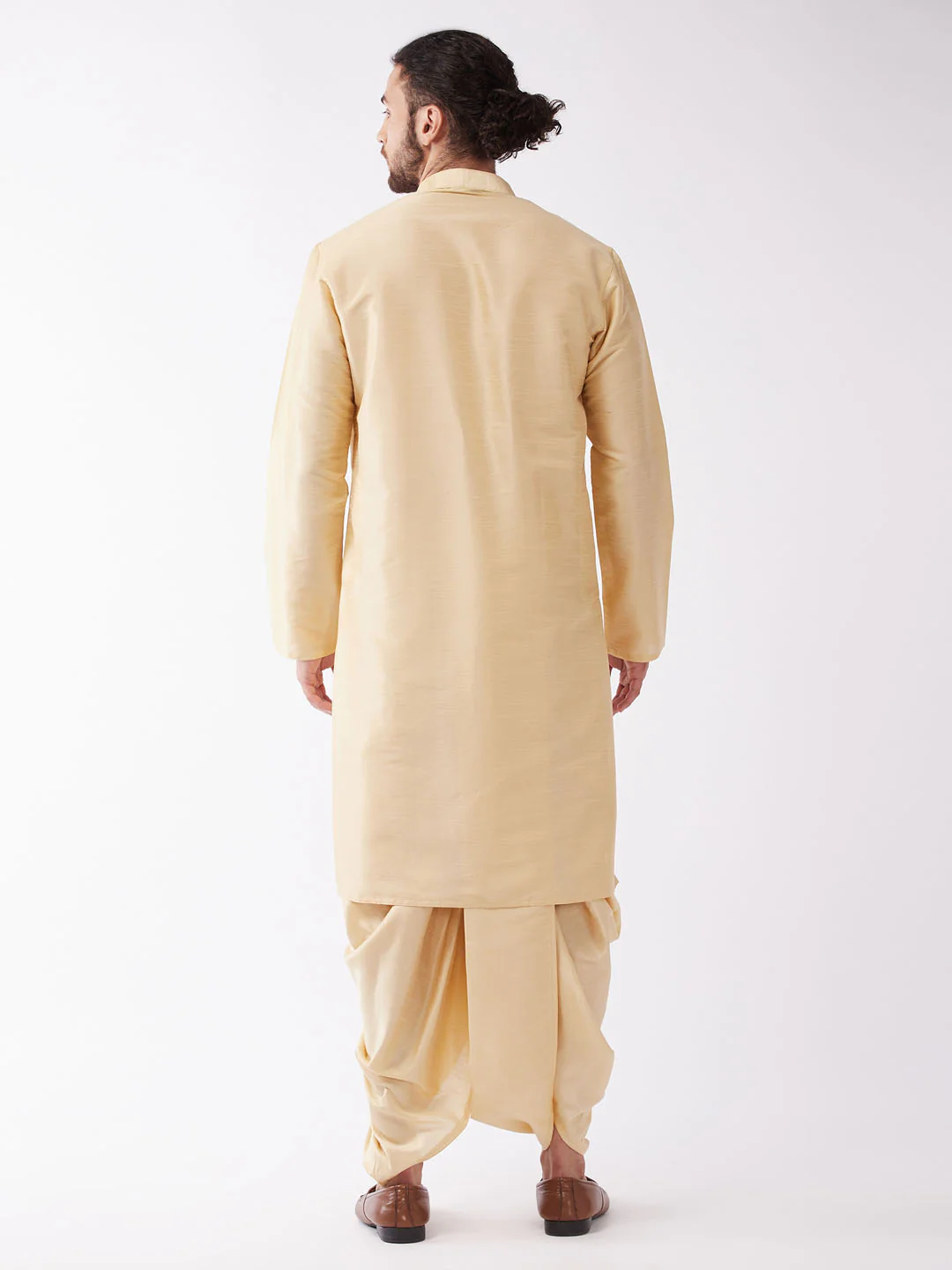 Men's Gold Solid Silk Blend Kurta And Dhoti Set - Image 3