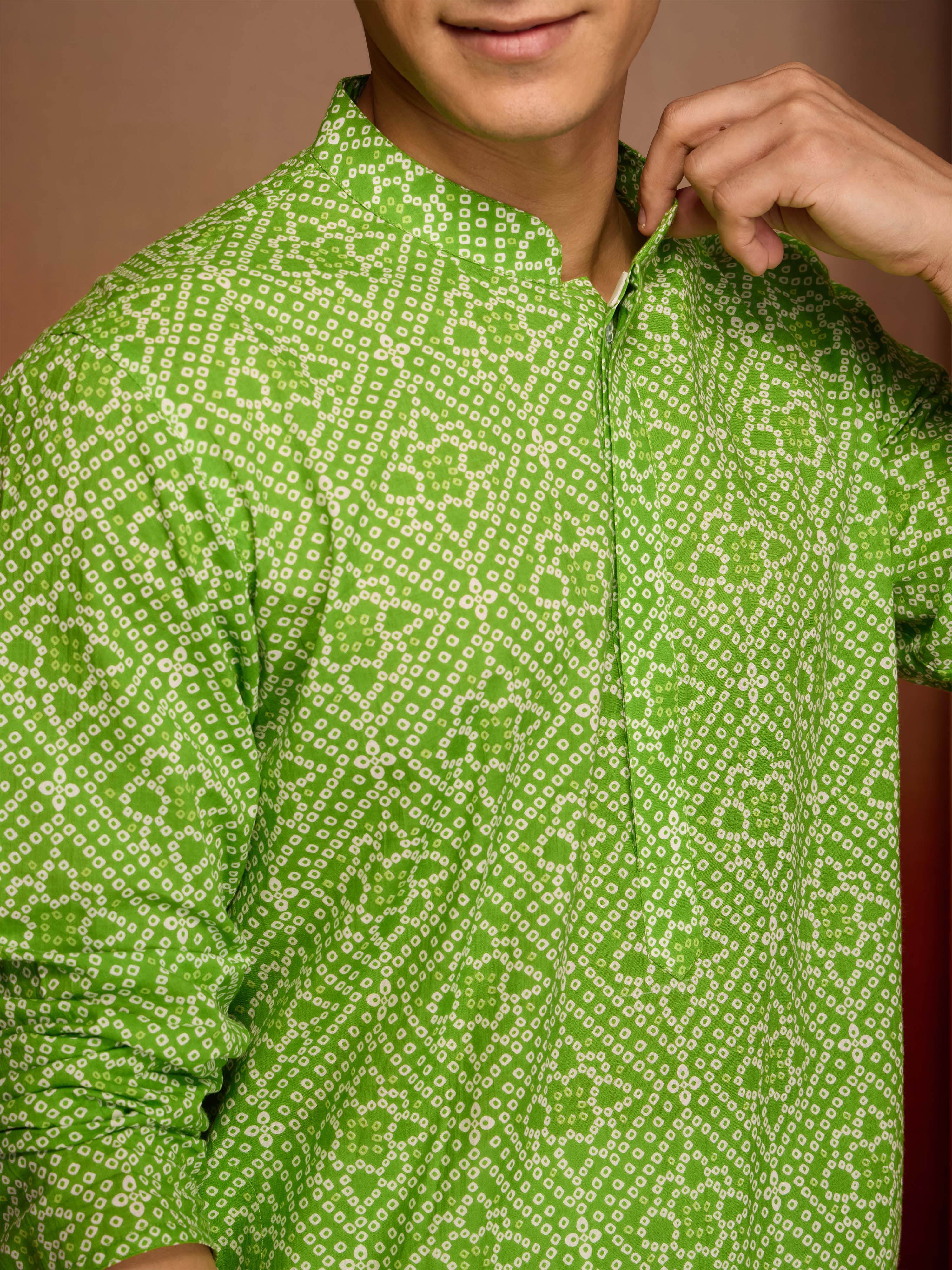 Men's Green Cotton Cambric Bandhani Kurta - Image 2