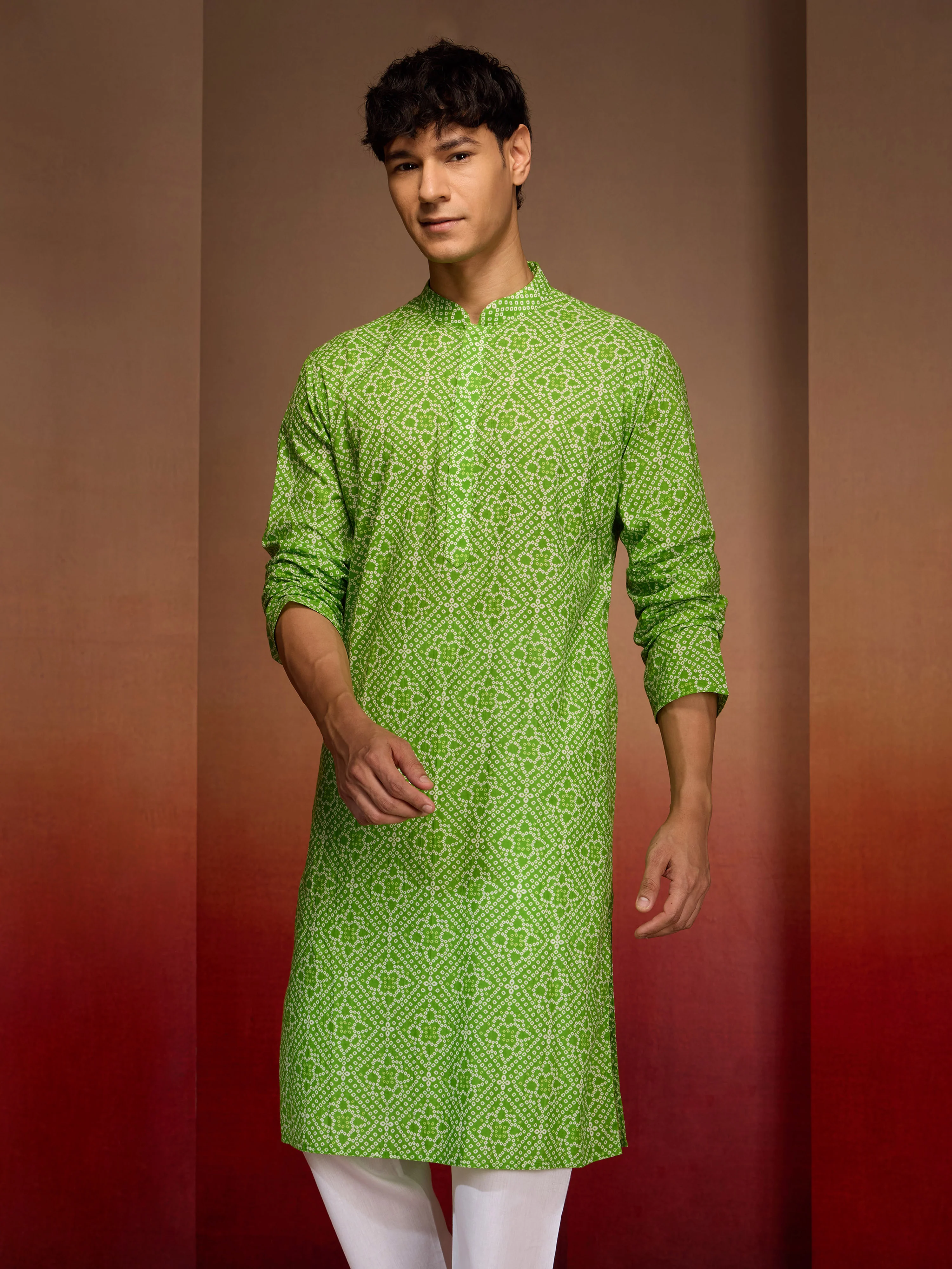 Men's Green Cotton Cambric Bandhani Kurta - Image 4