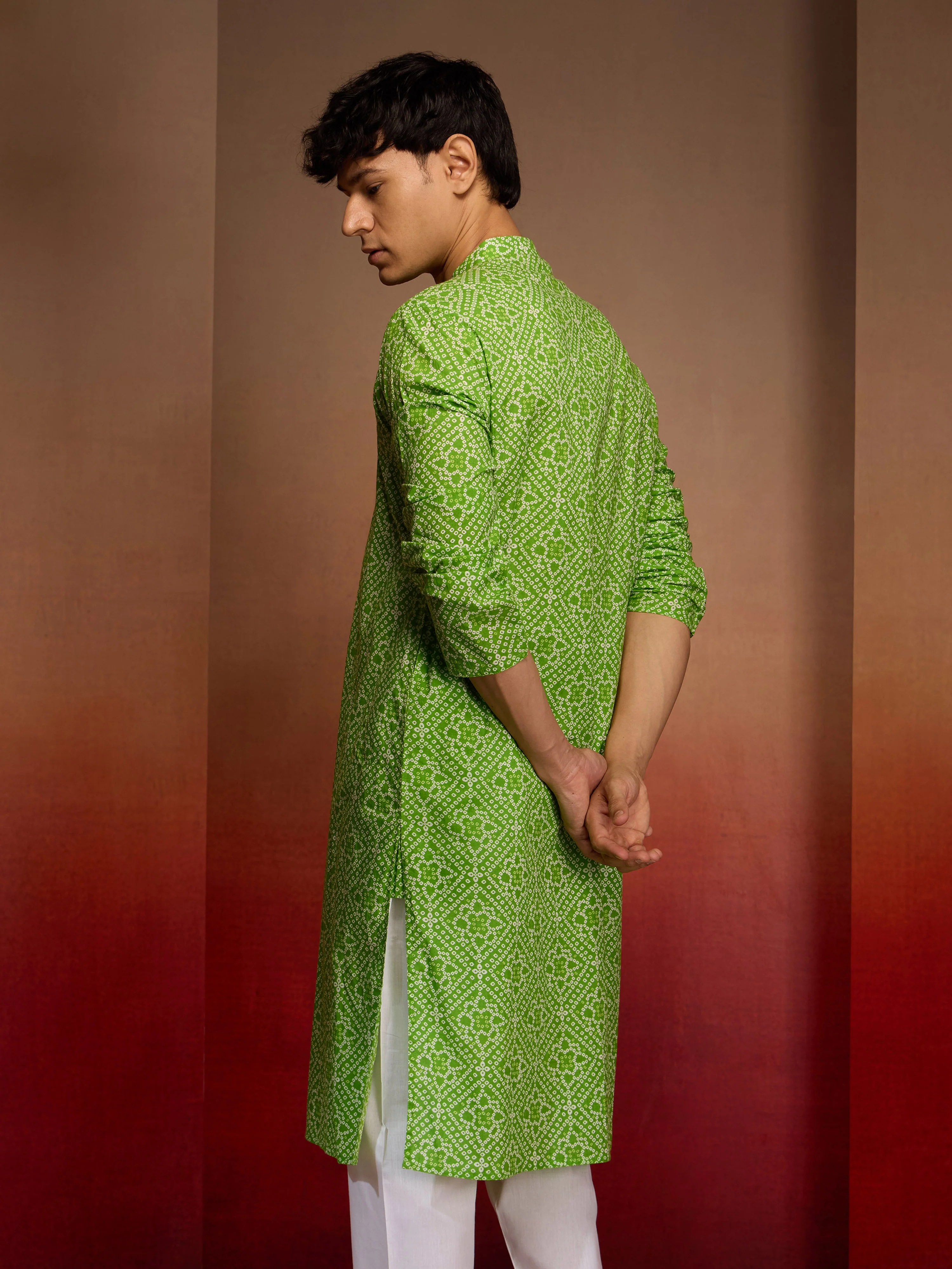 Men's Green Cotton Cambric Bandhani Kurta - Image 5