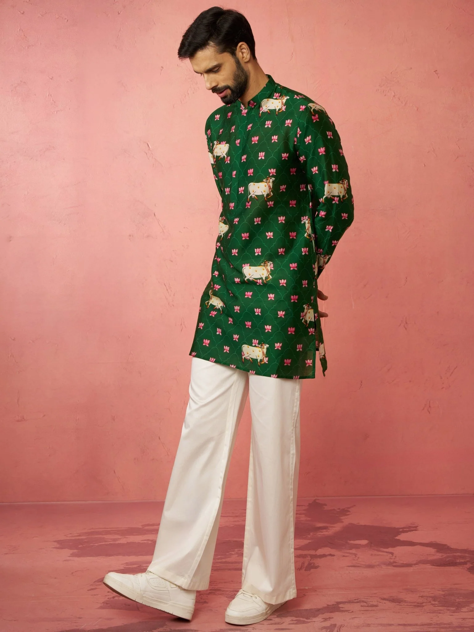 Men's Green Digital Print Kurta with Cream Satin Palazzo - Image 4