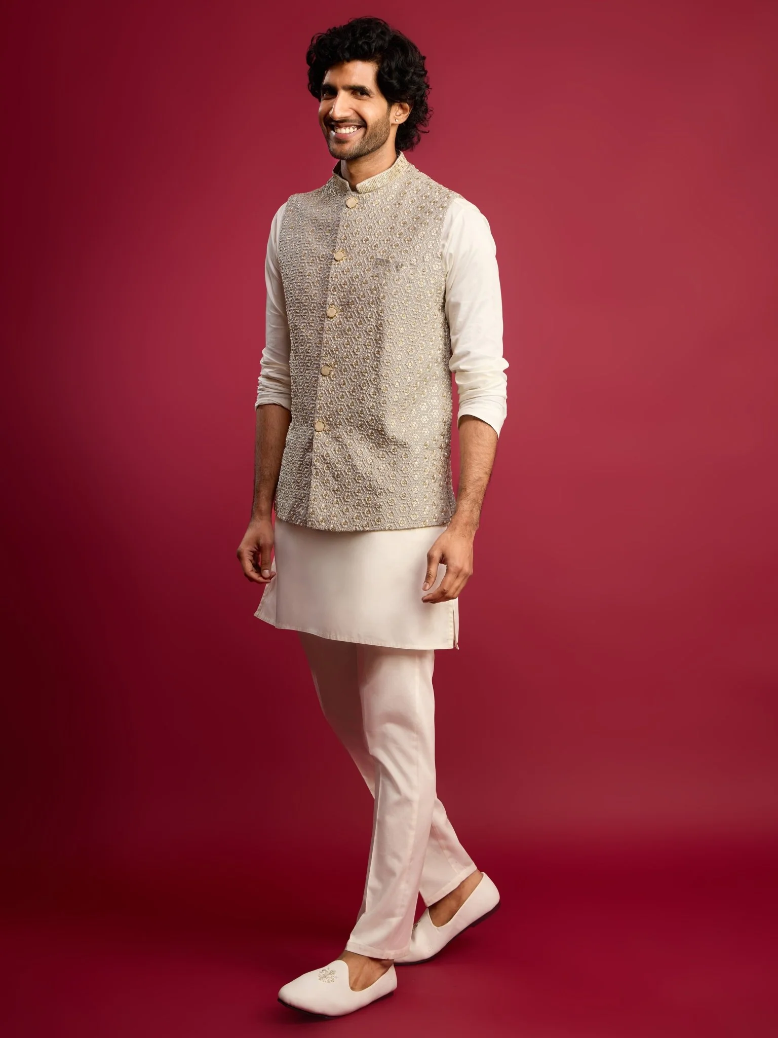 Men's Grey Chikankari Nehru Jacket with Cream Satin Kurta Pant Set - Image 3