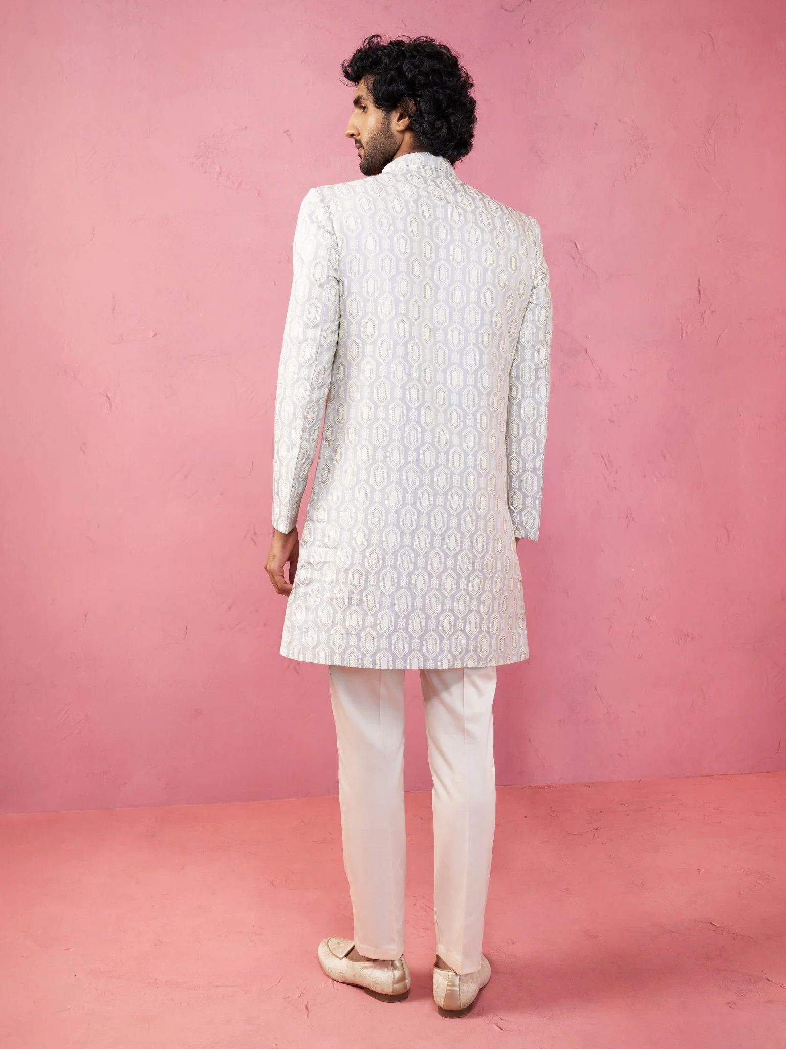 Men's Grey Jacquard Indo-Western Kurta with Cream Trousers - Image 5