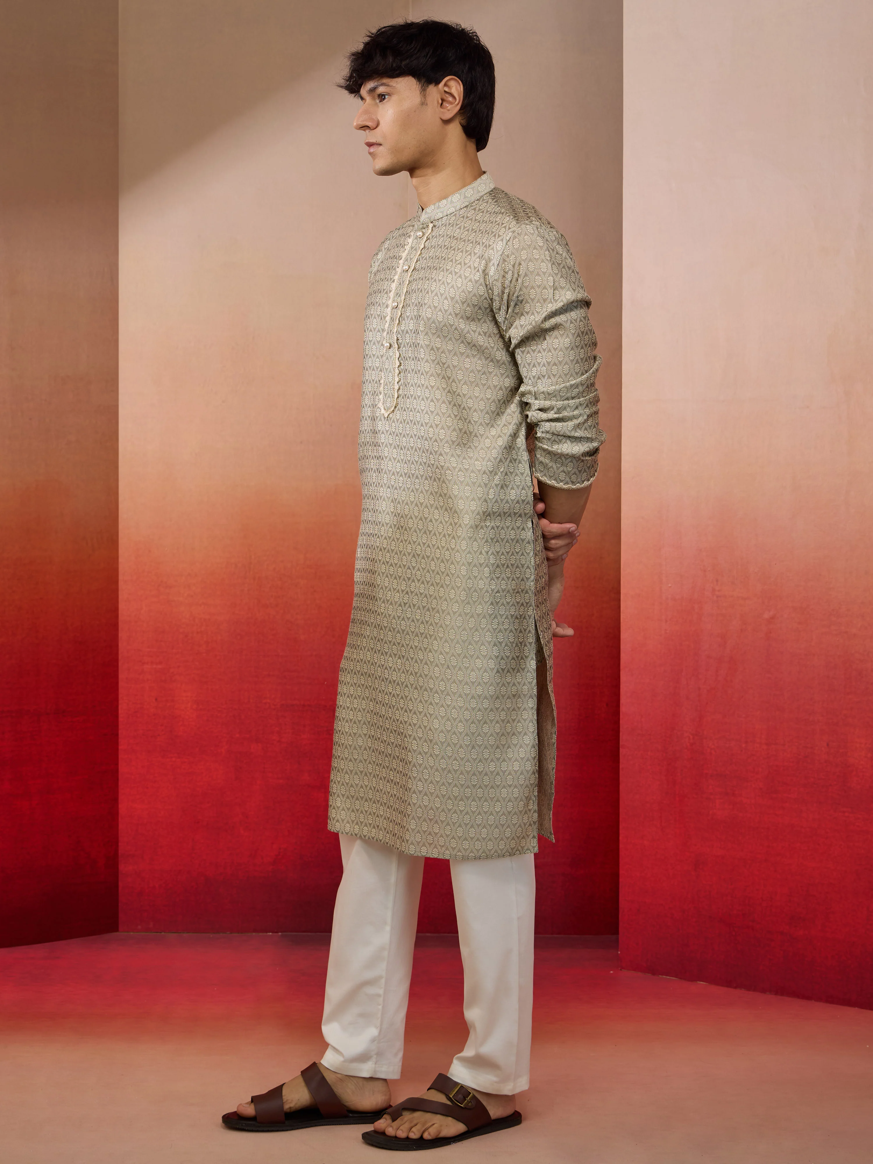 Mens Grey Jacquard Kurta with Pyjama - Image 5