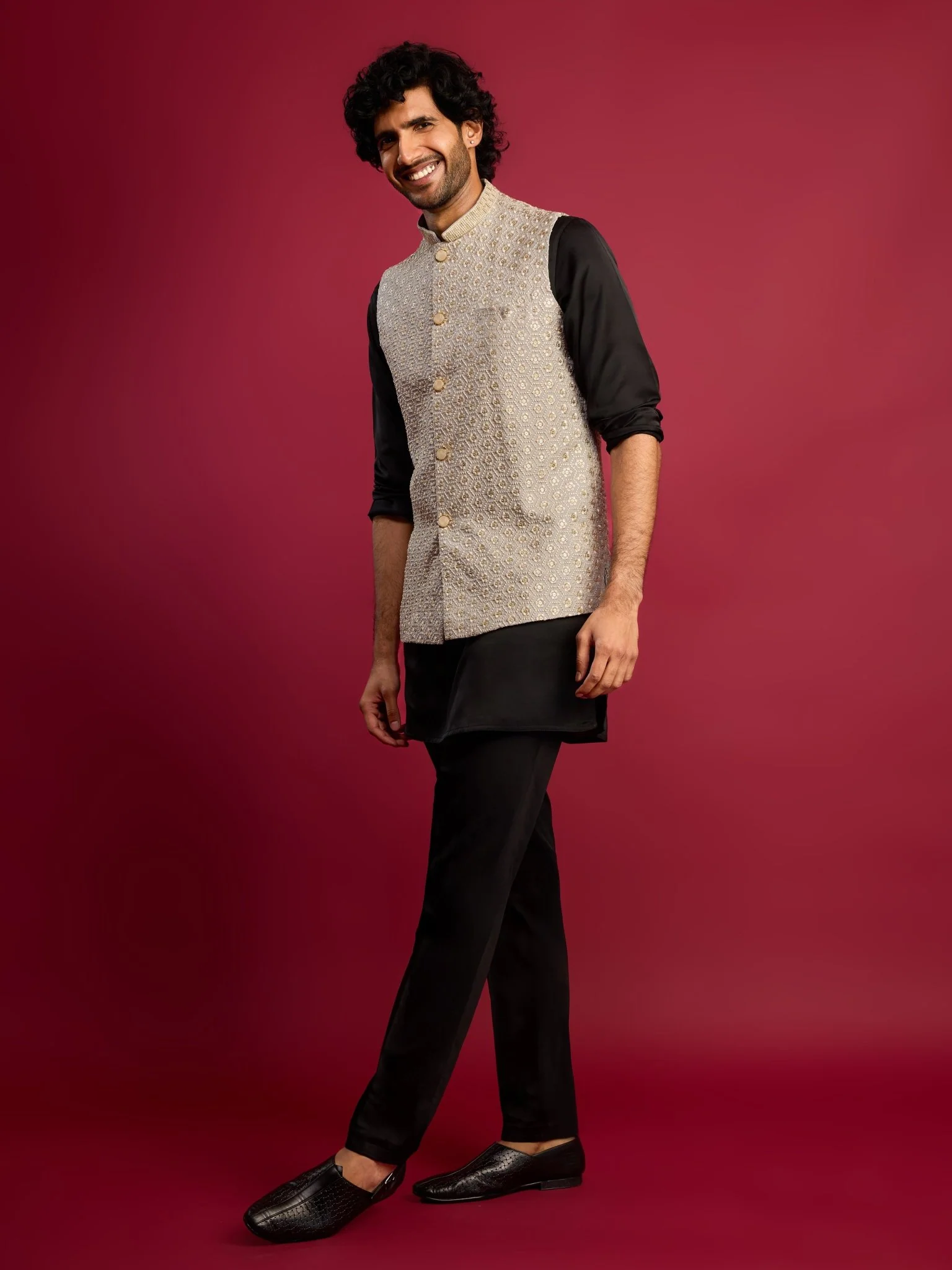Men's Grey Sequin & Thread Embroidered Nehru Jacket with Black Satin Kurta & Pants Set - Image 4