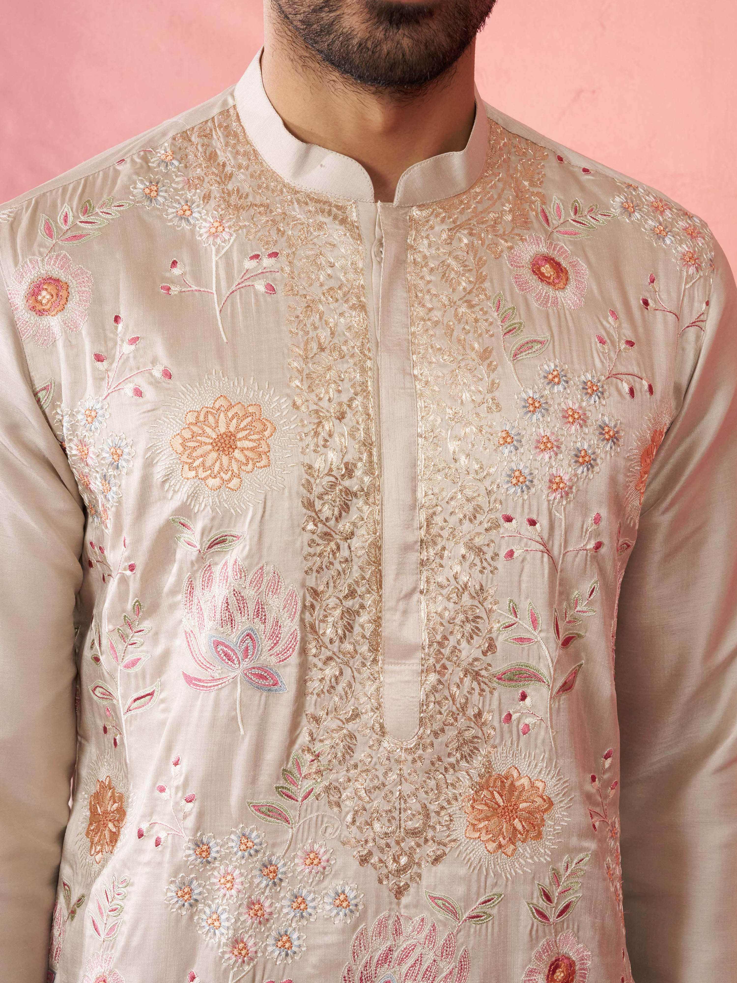 Men's Grey Silk Blend Kurta - Image 2