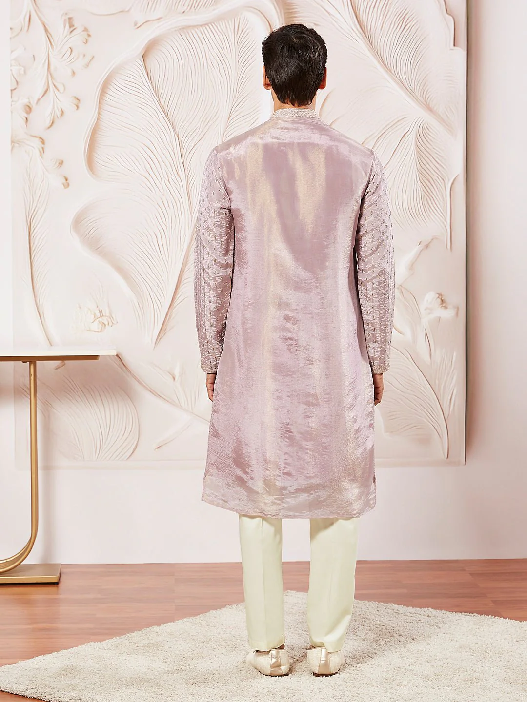 Men's Lavender Tissue Silk Zari Kurta with Satin Pyjama and Lace Dupatta Set - Image 5