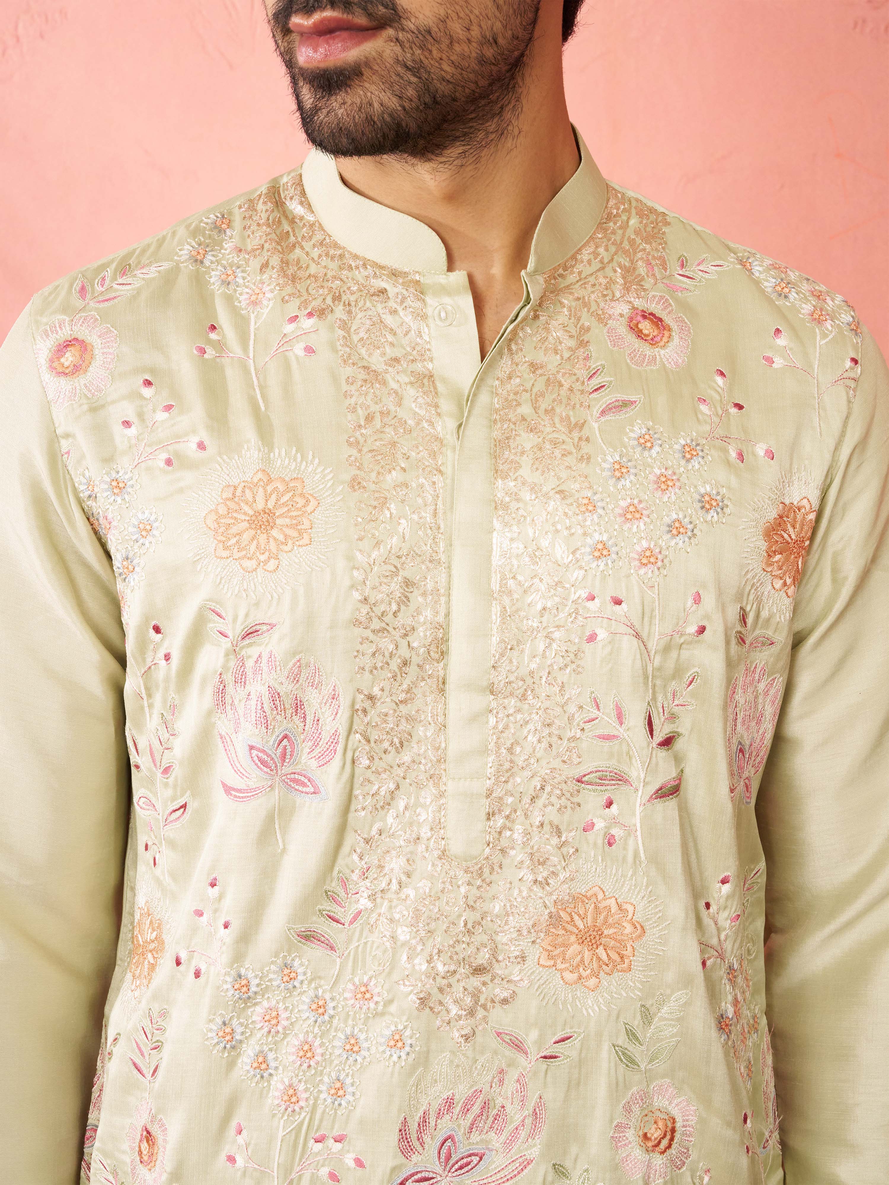 Men's Light Green Silk Blend Kurta - Image 2