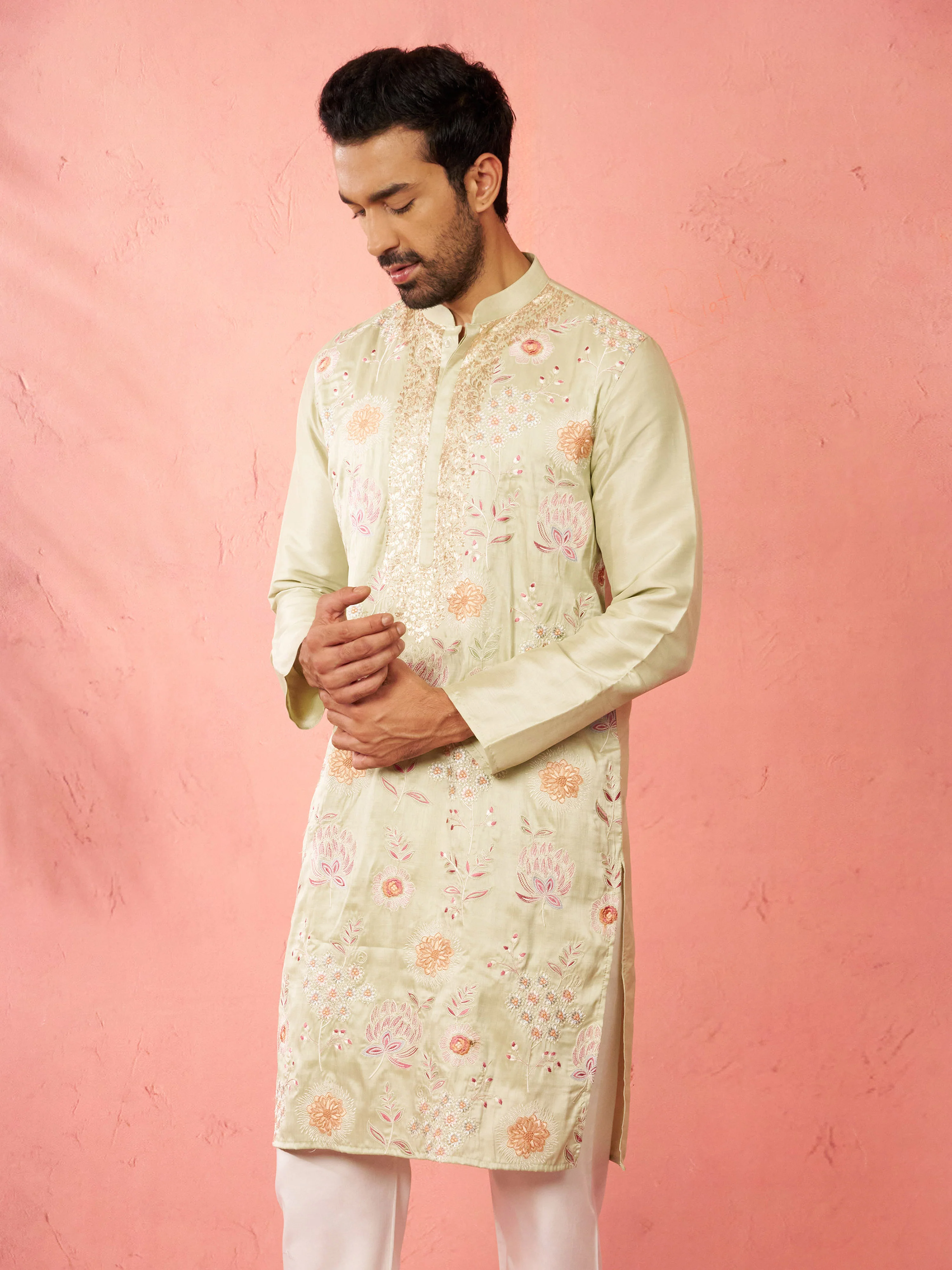 Men's Light Green Silk Blend Kurta - Image 4