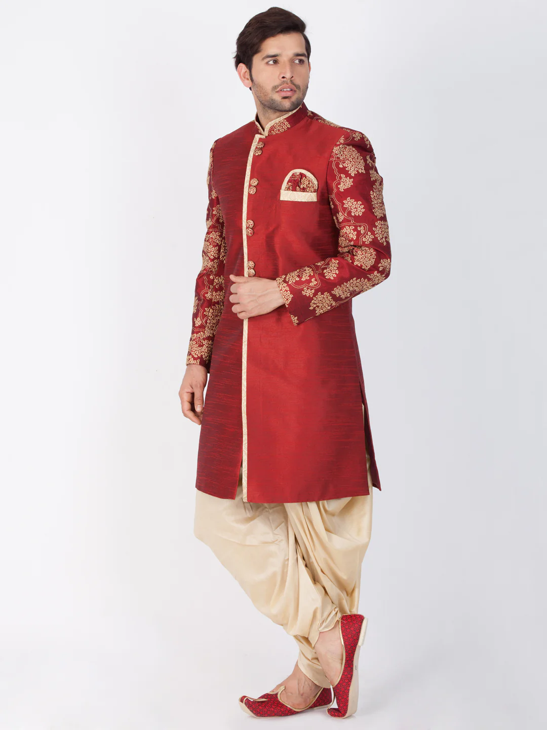 VASTRAMAY Men's Maroon Silk Blend Sherwani Set - Image 2