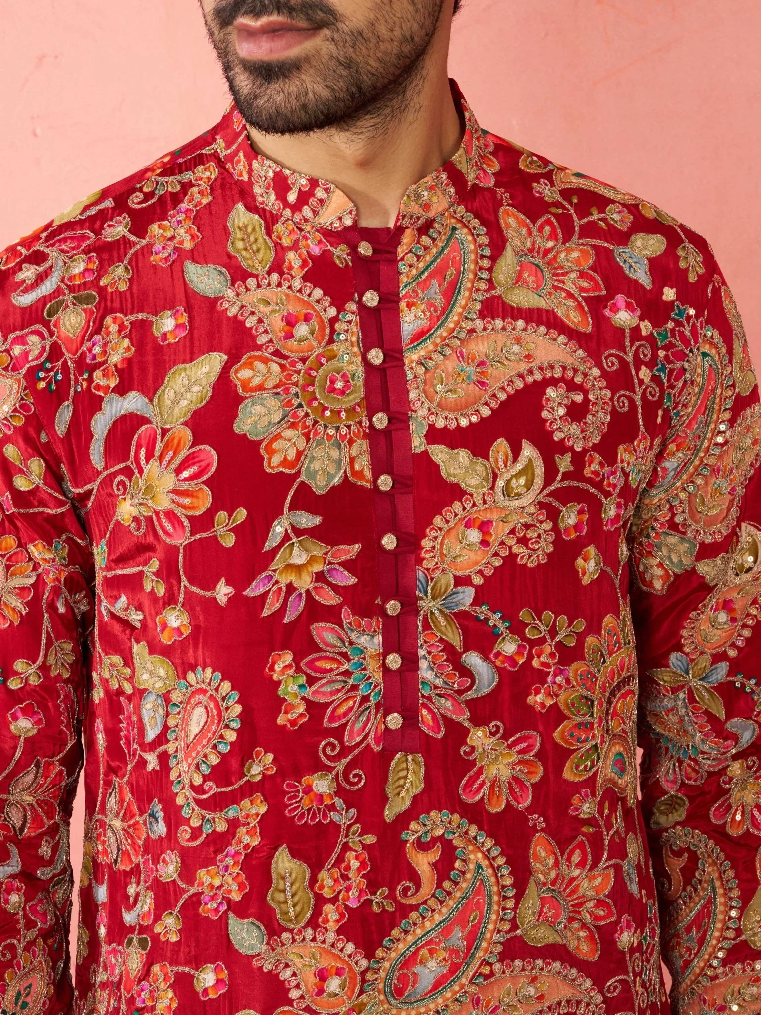 Men's Maroon Crepe Zari Embroidered Kurta Pyjama Set - Image 3