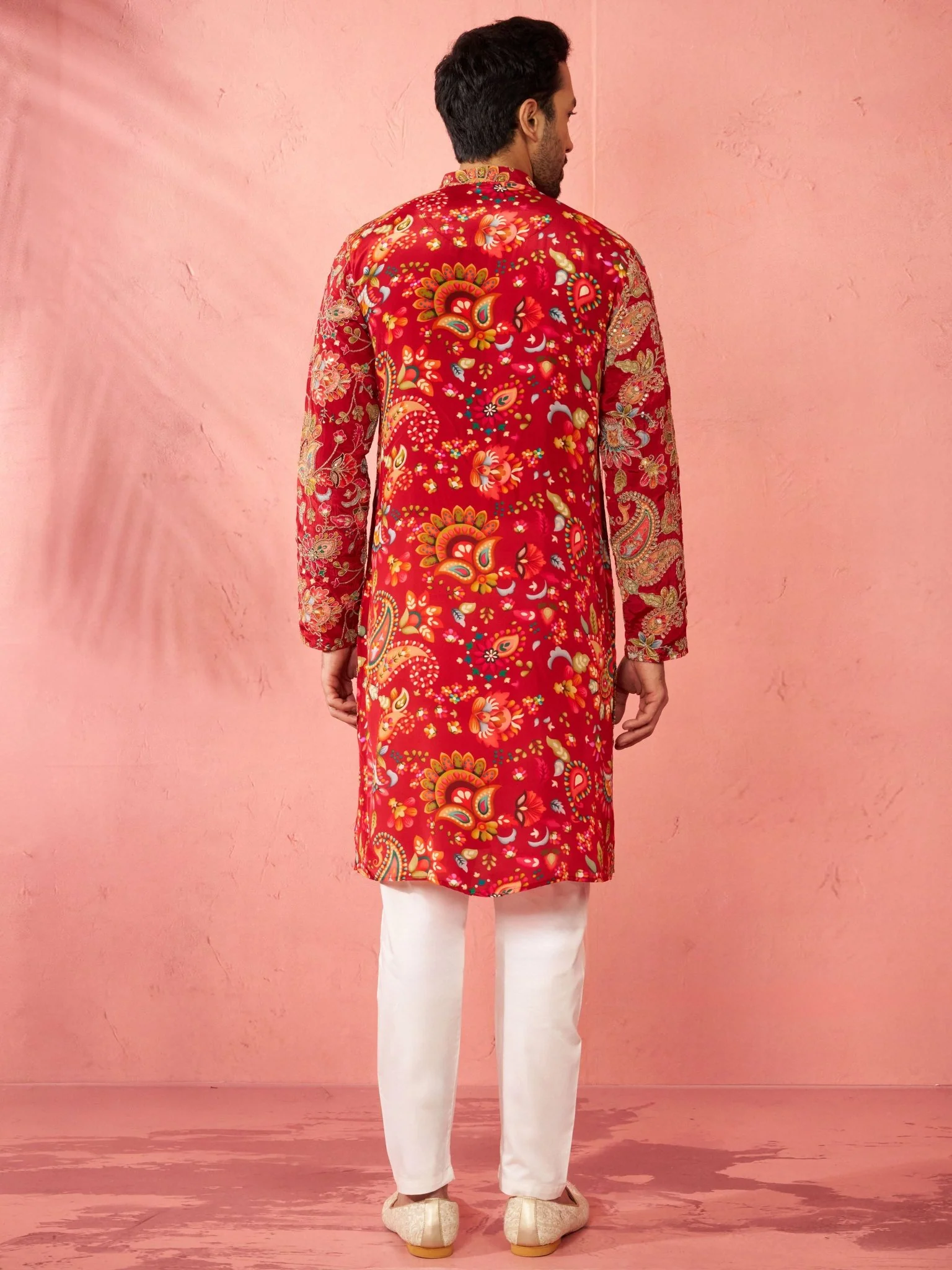 Men's Maroon Crepe Zari Embroidered Kurta Pyjama Set - Image 8