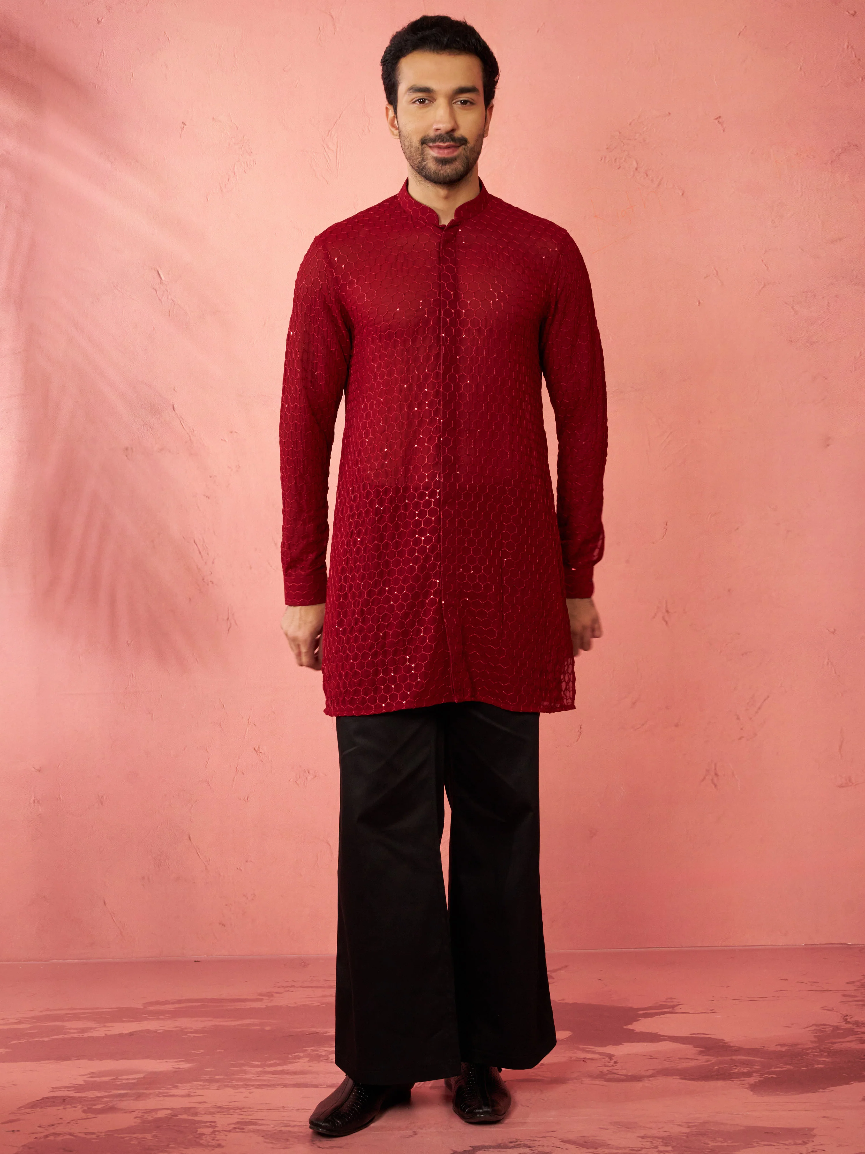 Men's Maroon Georgette Embroidered Kurta with Black Satin Palazzo Pant Set - Image 3