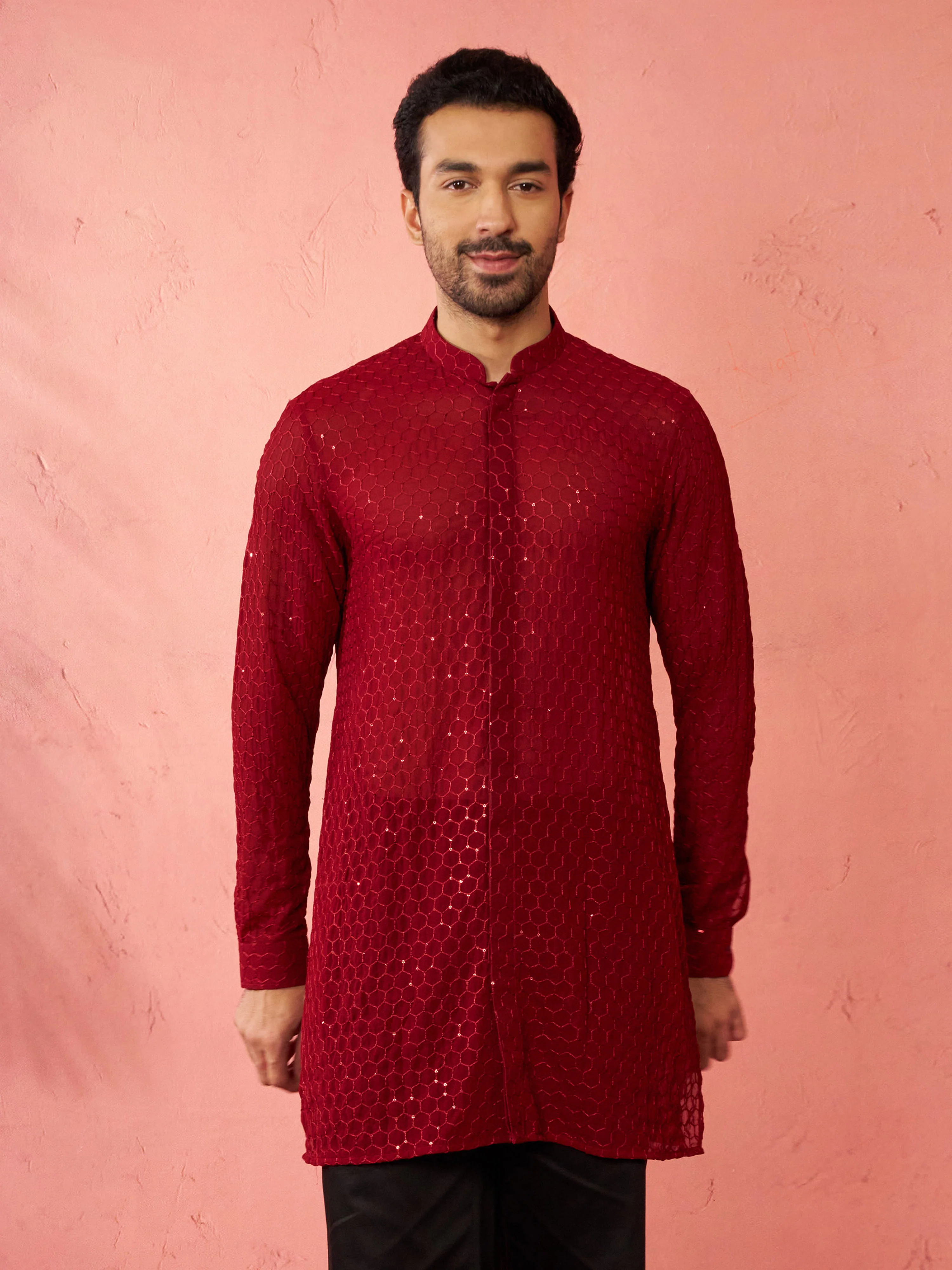 Men's Maroon Georgette Mid Kurta - Image 2