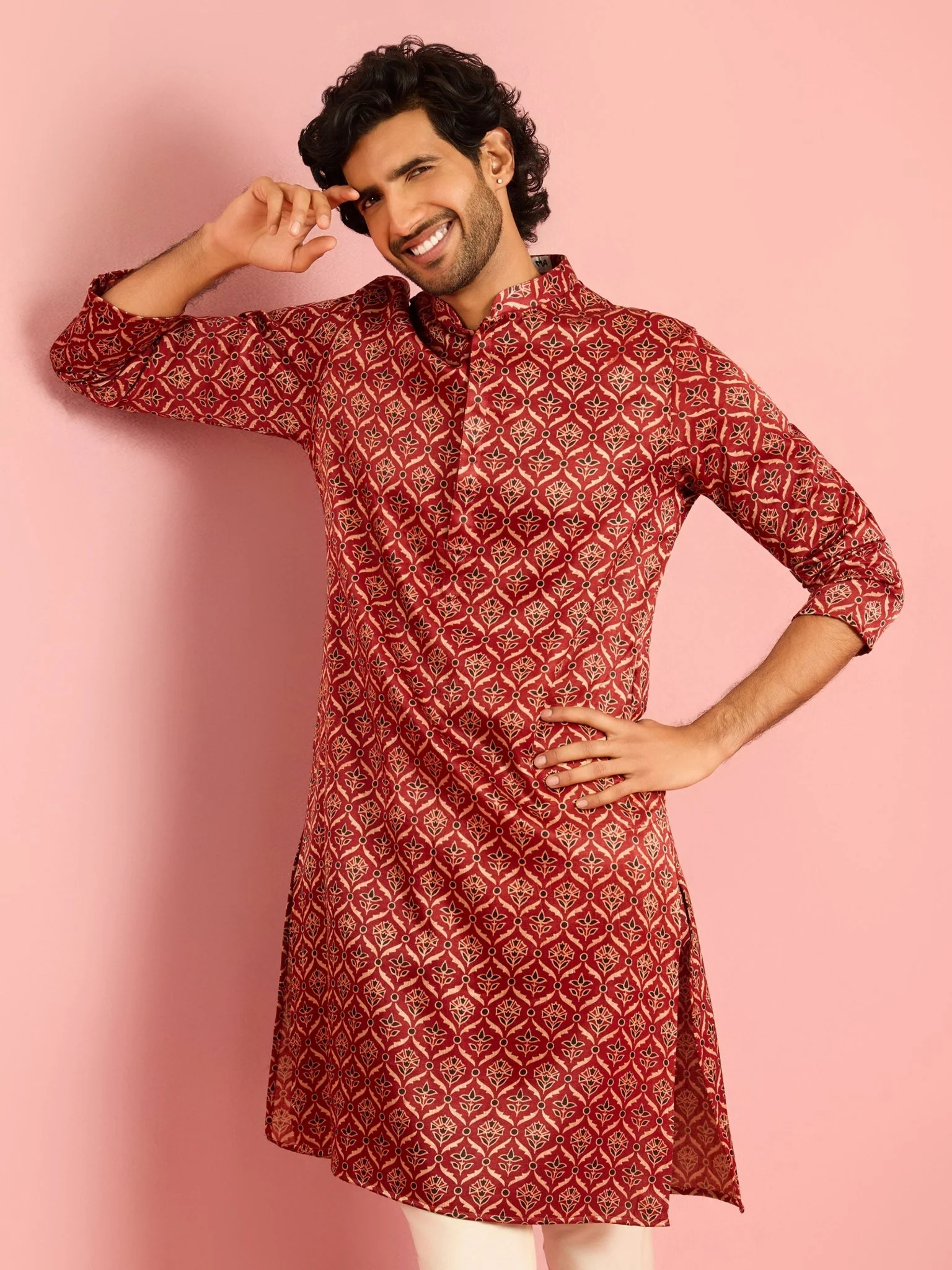 Men's Maroon Silk Blend Kurta