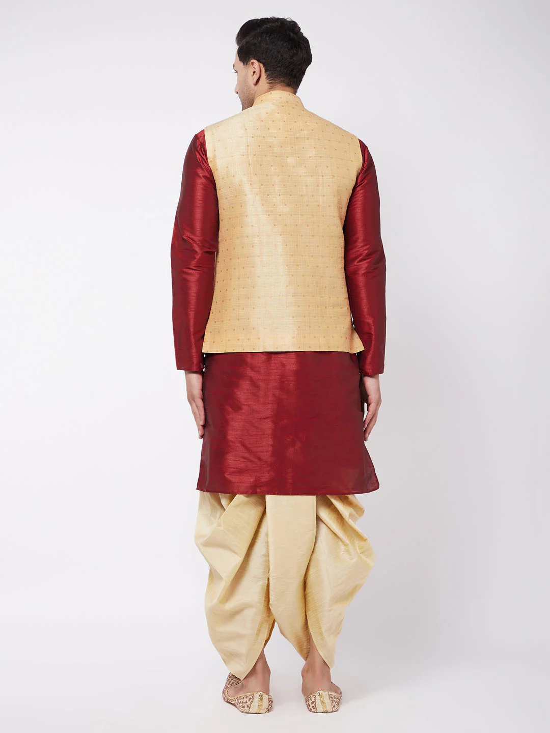 Men's Gold Zari Weaved Jacket With Kurta Dhoti Set - Image 4