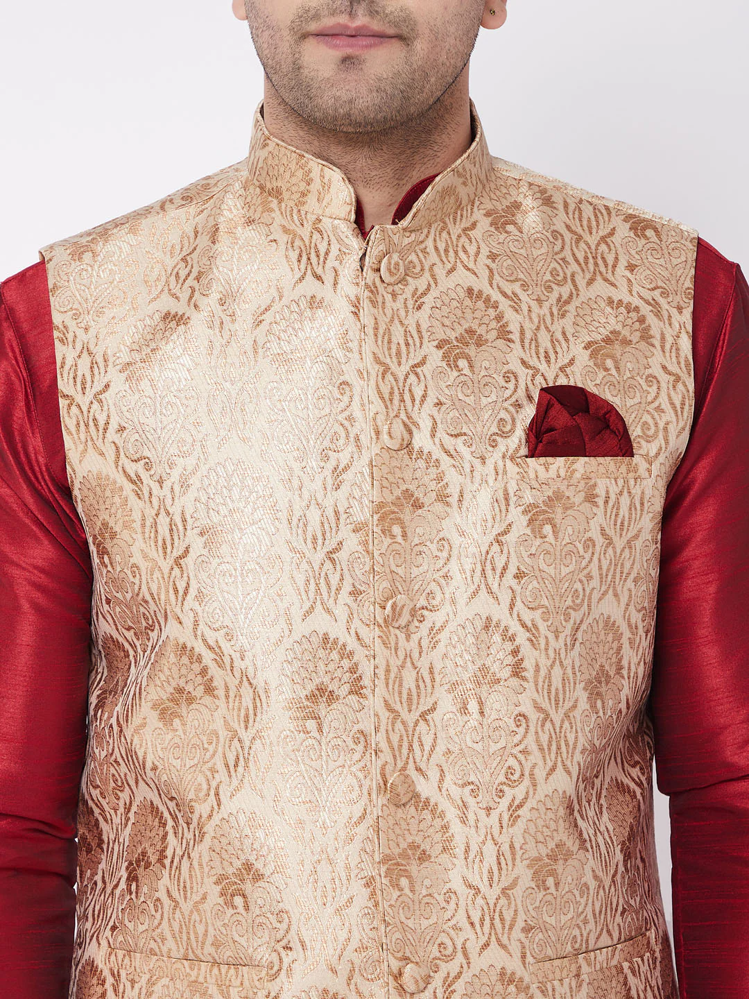 Men's Rose Gold Jacquard Jacket With Kurta Dhoti Set - Image 4