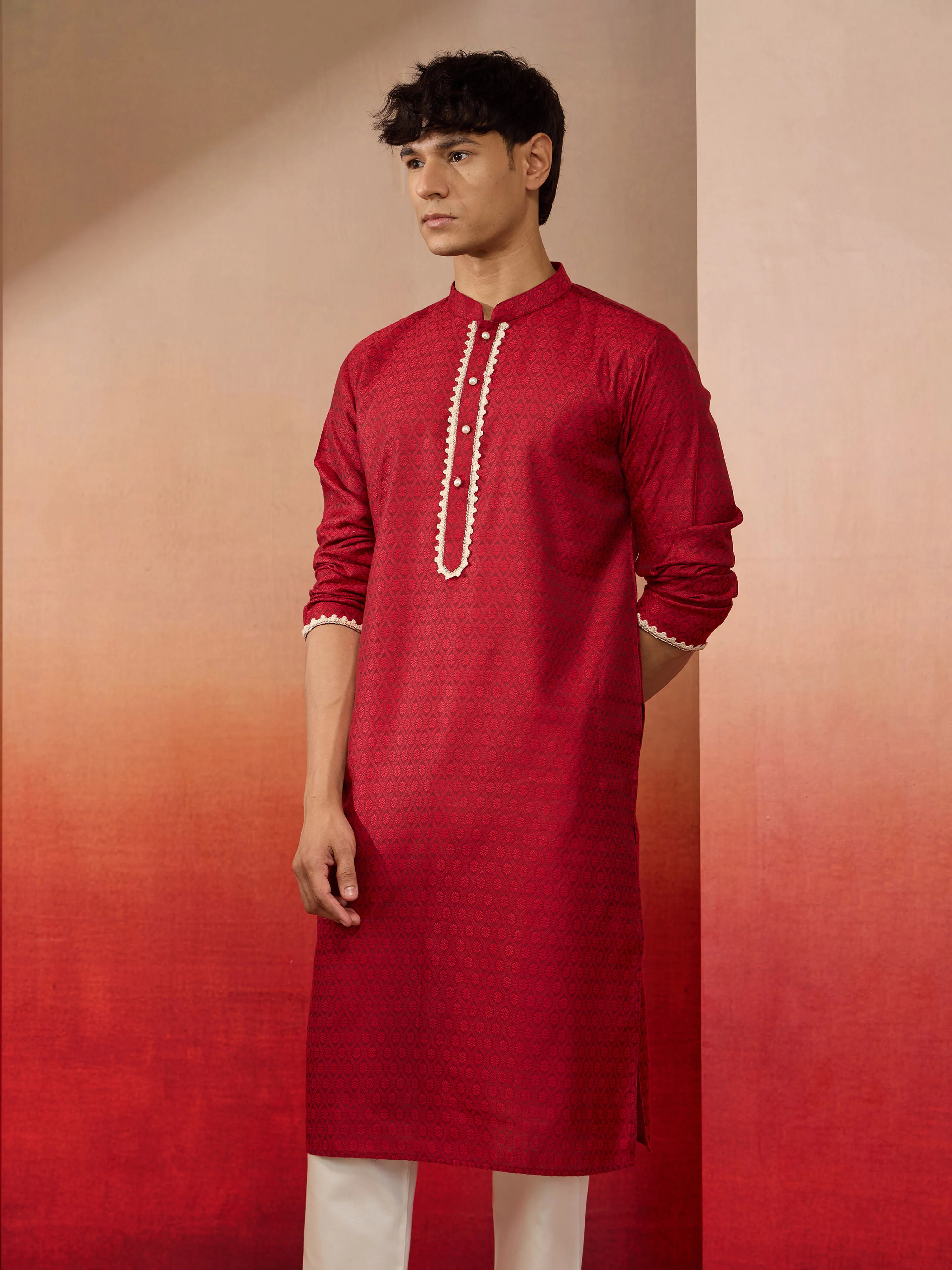 Men's Maroon Silk Jacquard Kurta - Image 6