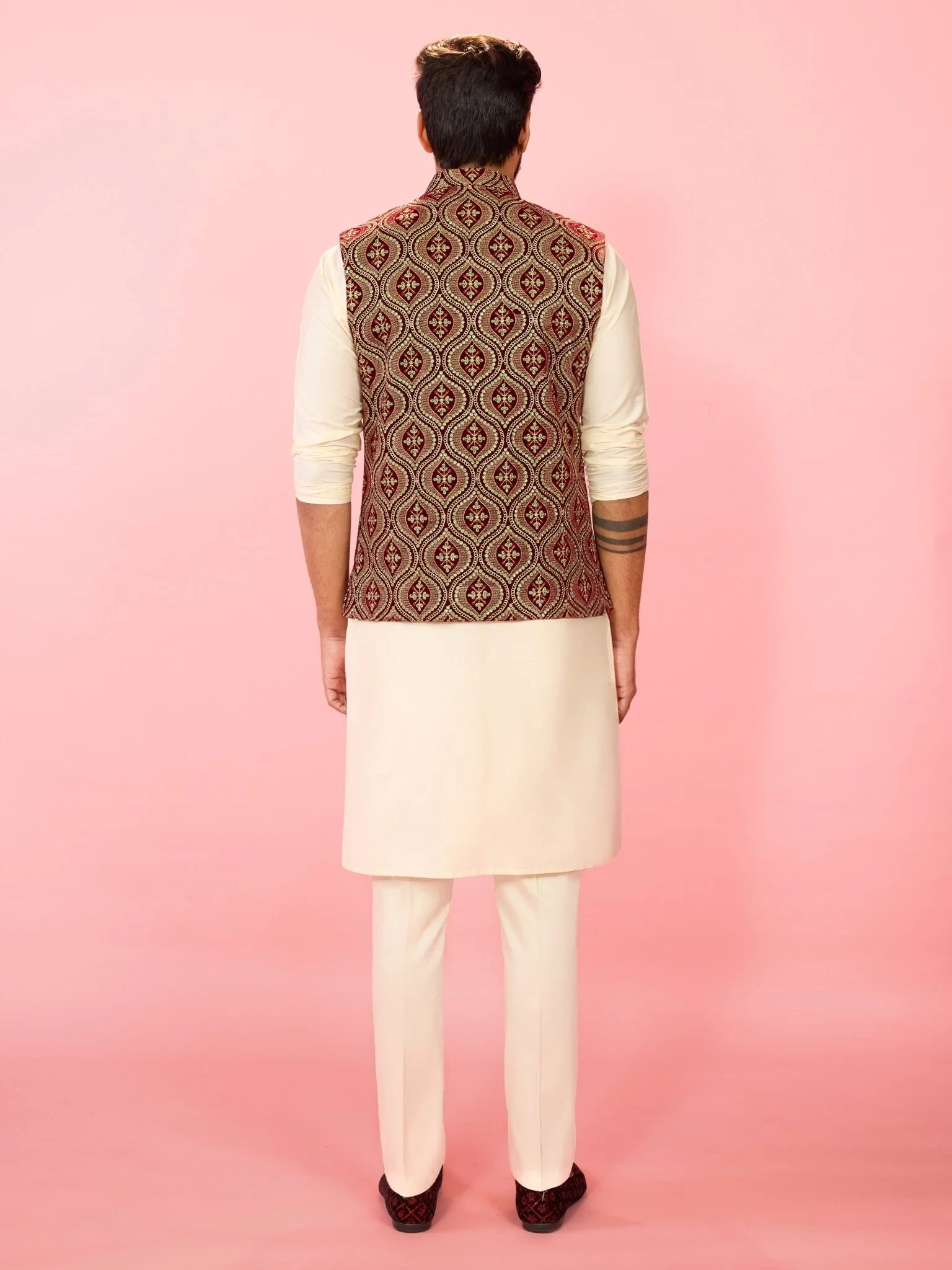 Men's Maroon Velvet Embroidered Nehru Jacket with Cream Silk Kurta & Pant Pyjama - Image 5