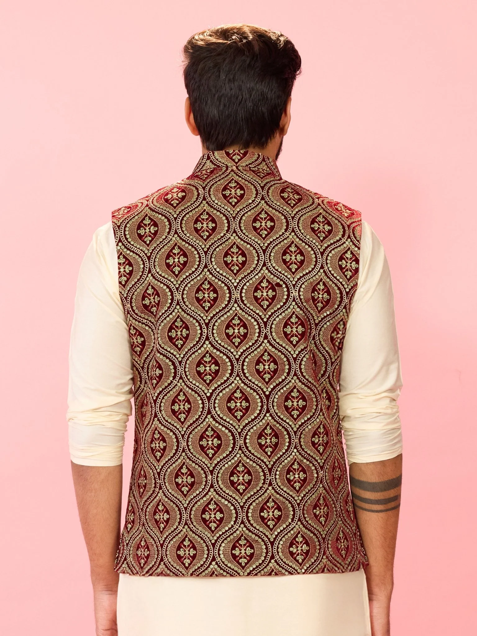 Men's Maroon Velvet Ethnic Motif Thread & Sequin Embroidered Nehru Jacket with Satin Lining - Image 5