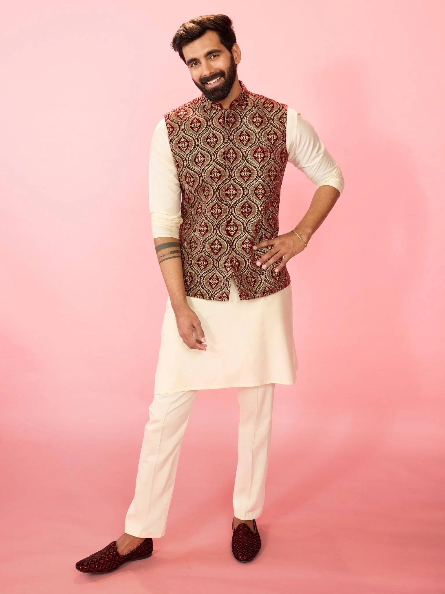 Men's Maroon Velvet Ethnic Motif Thread & Sequin Embroidered Nehru Jacket with Satin Lining - Image 6