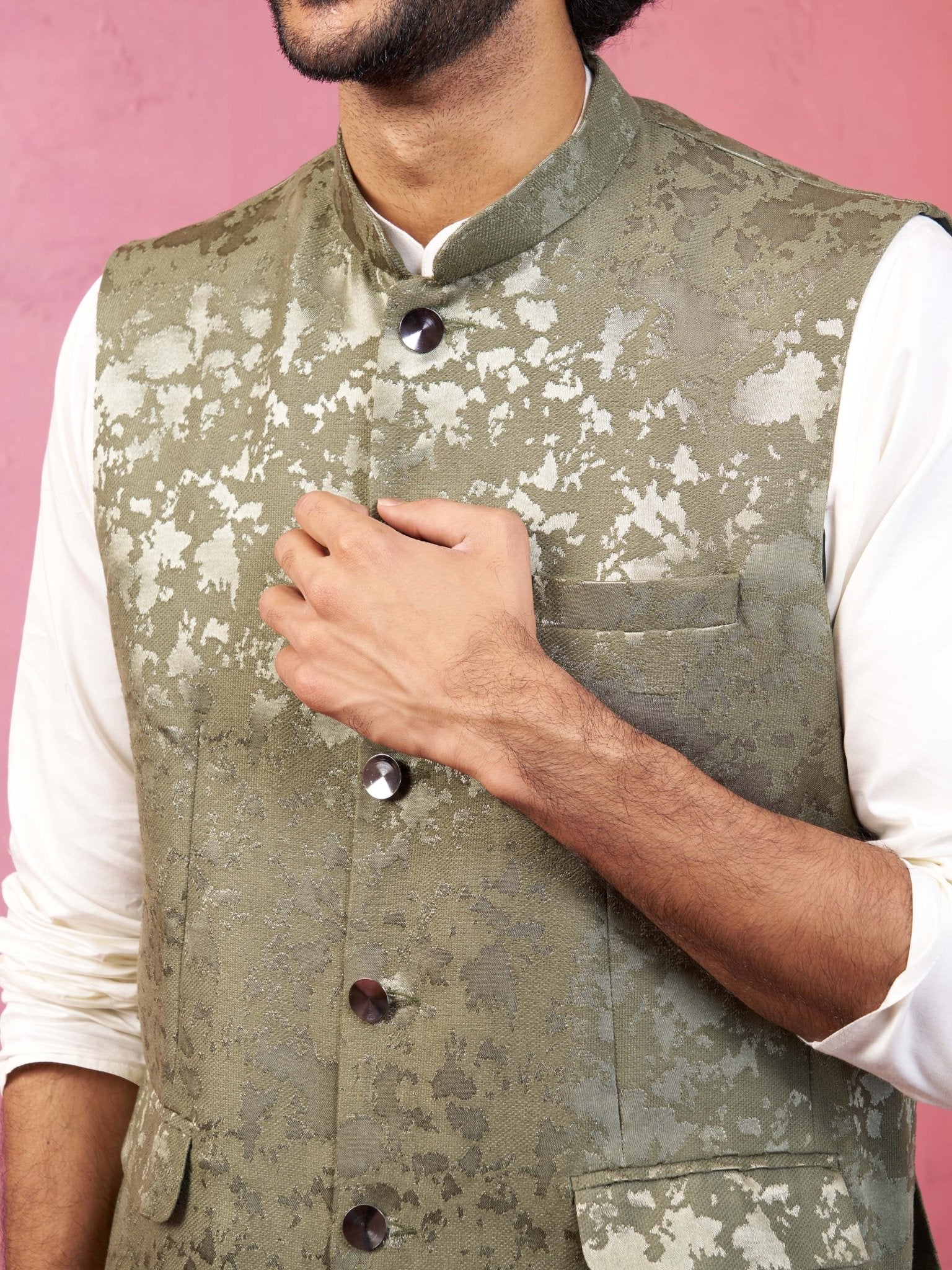 Men's Mehendi Green Monty Jacquard Nehru Jacket - Image 3