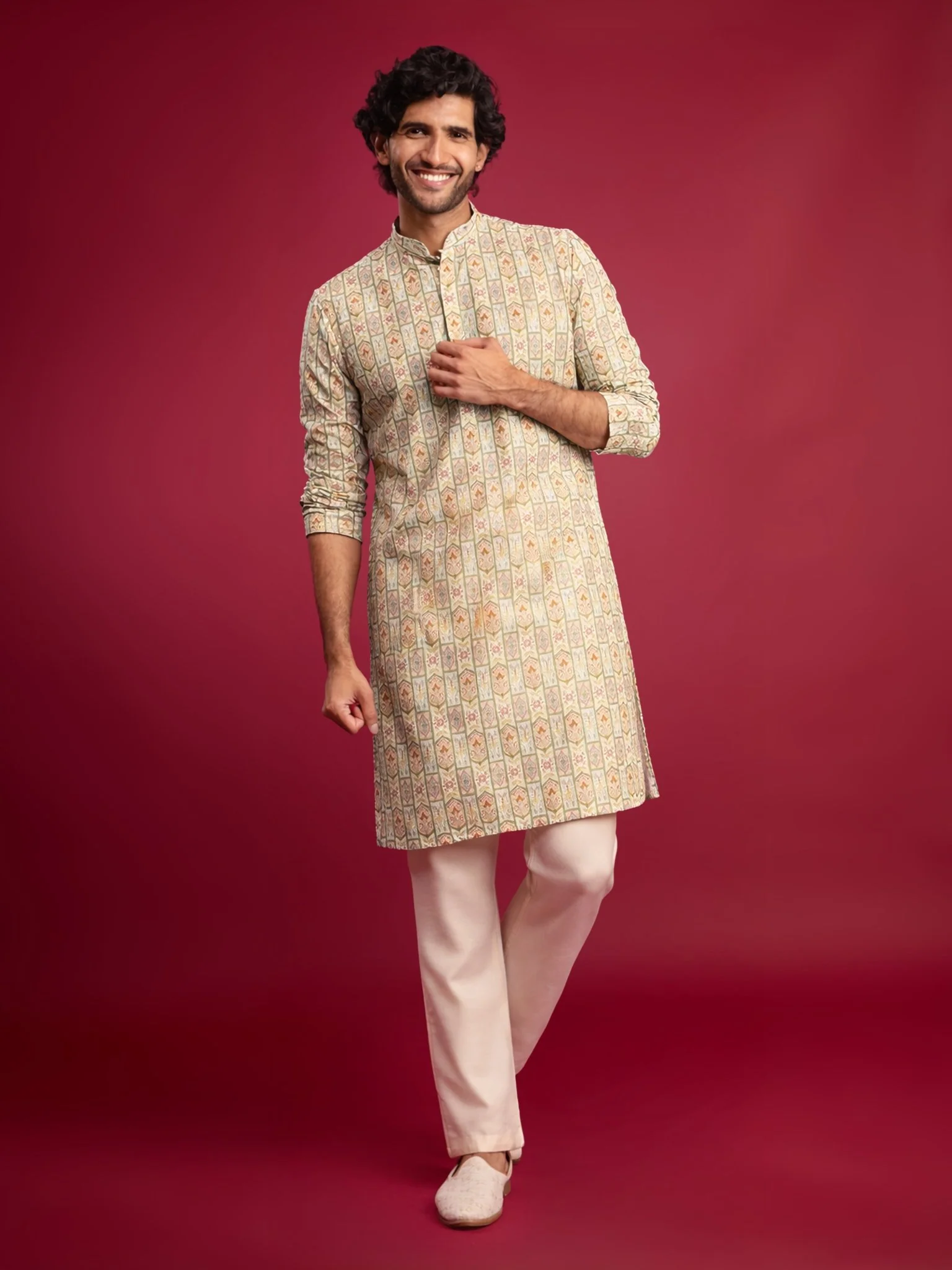 Men's Mint Green Cotton Blend Kurta with Cream Pyjama Set - Image 3