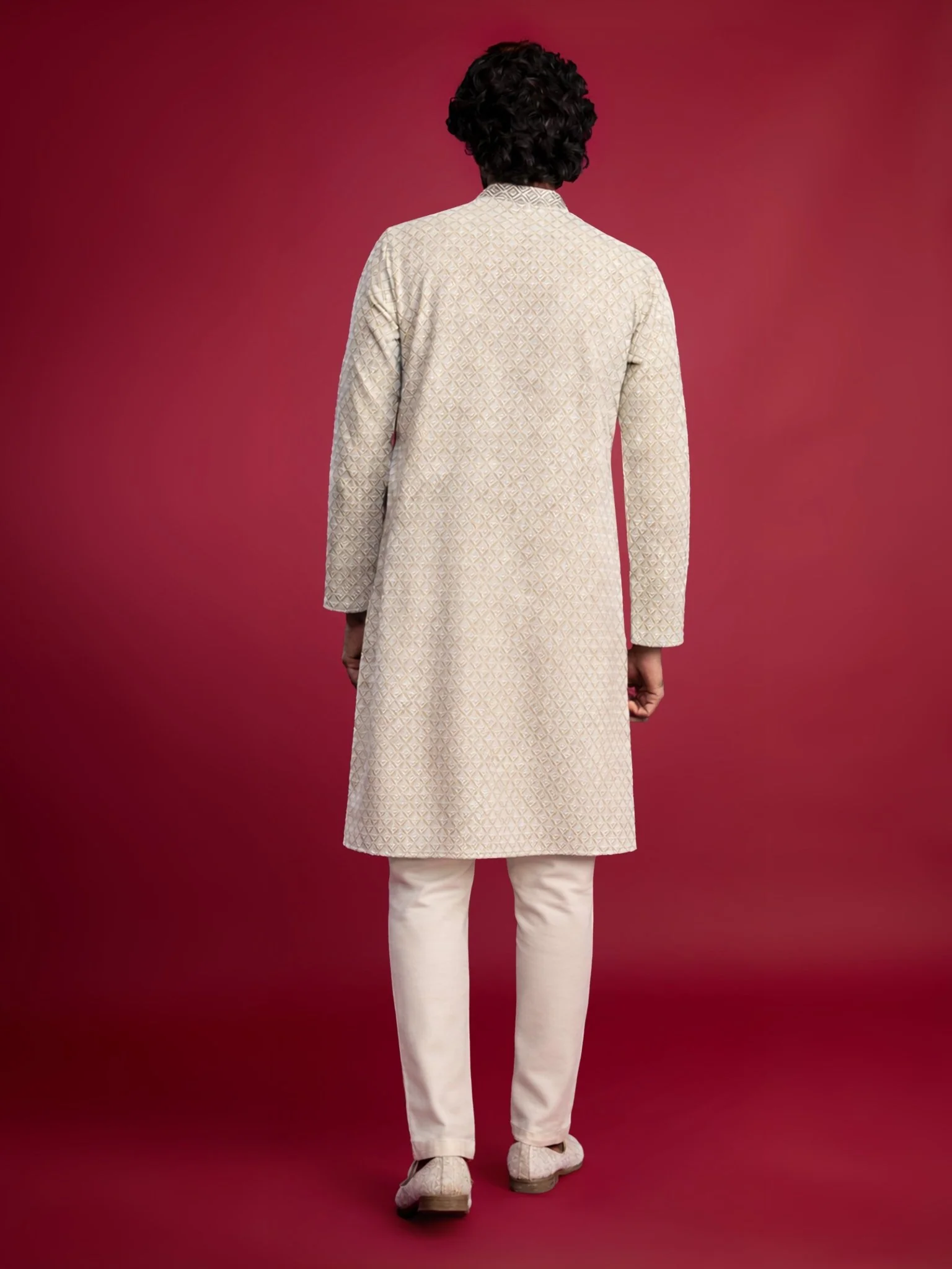Men's Mint Green Faux Georgette Kurta with Cream Pyjama Set - Image 5
