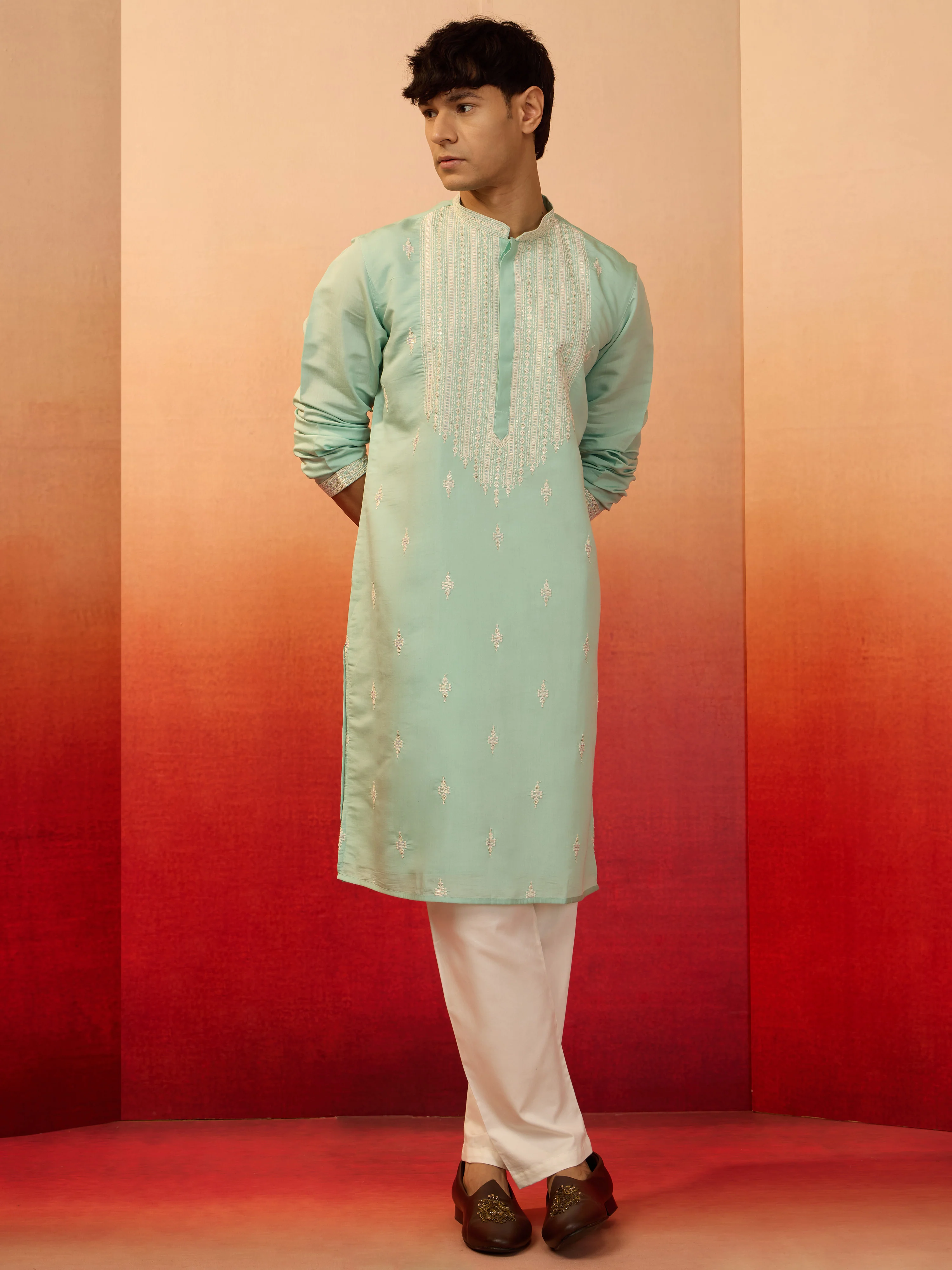 Men's Mint Green Silk Blend Embroidered Kurta with Cream Pyjama - Image 3