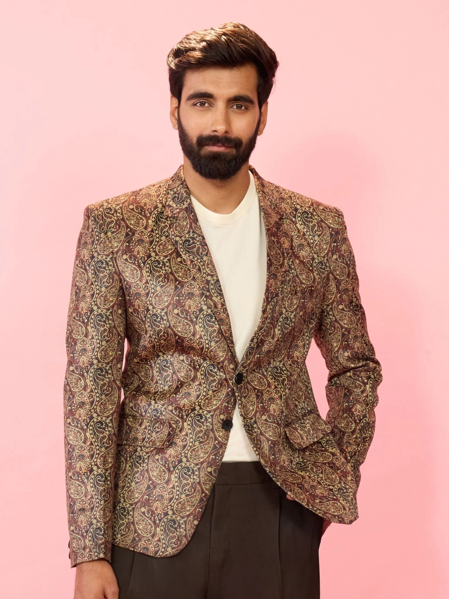 Men's Multicolour Velvet Patch Paisley Digital Print Notch Collar Wedding Blazer - Image 3