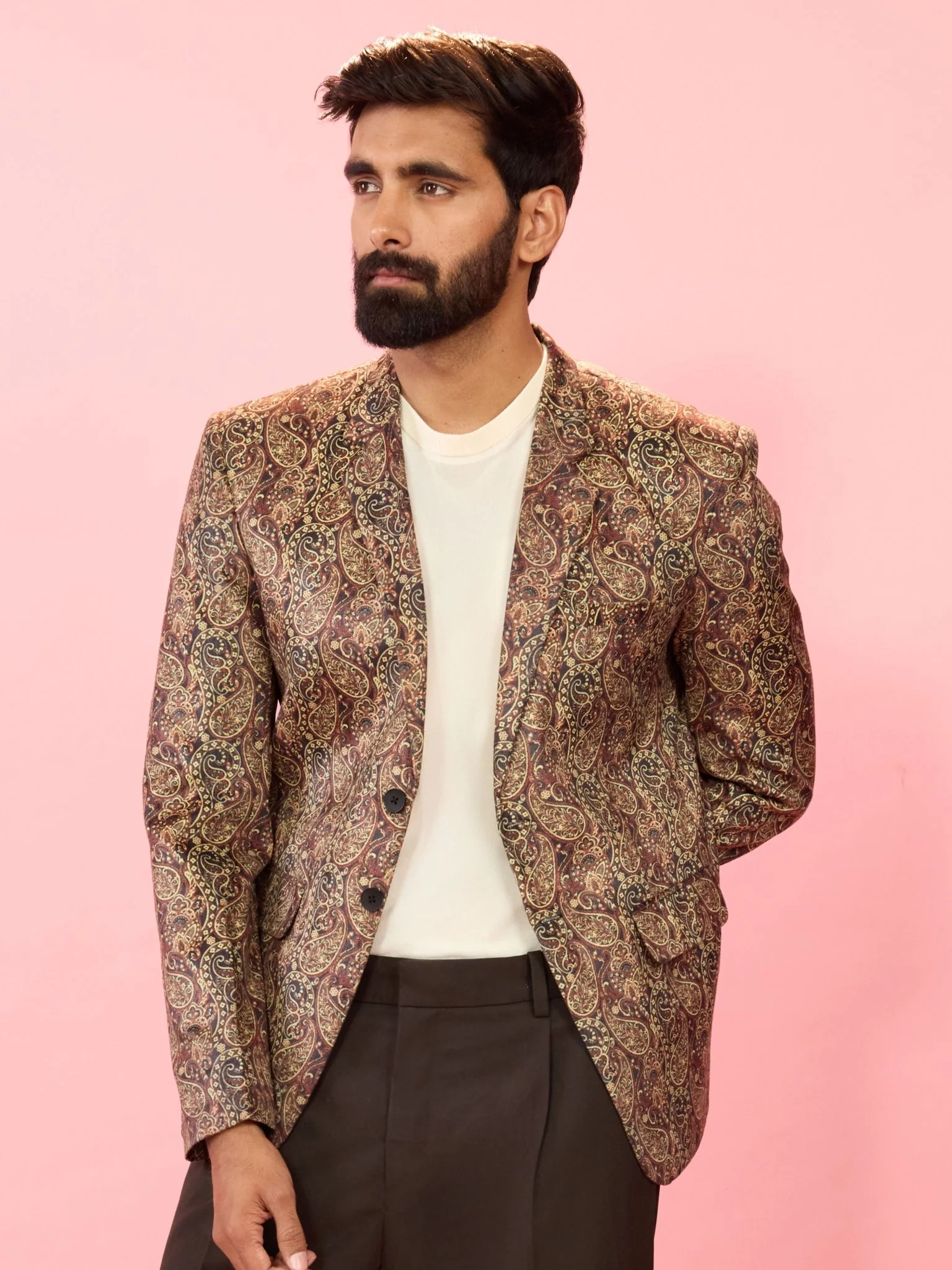 Men's Multicolour Velvet Patch Paisley Digital Print Notch Collar Wedding Blazer - Image 4