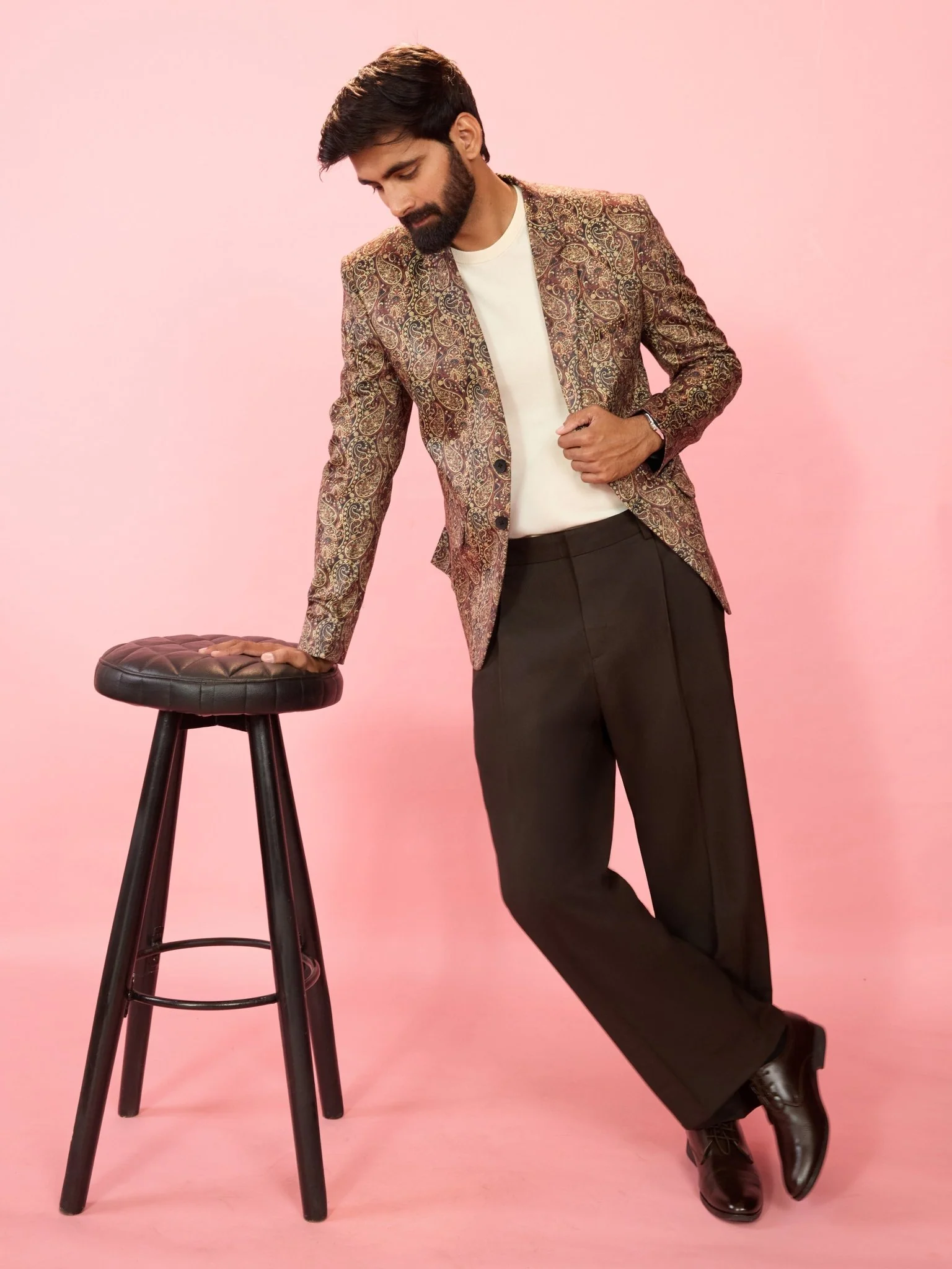 Men's Multicolour Velvet Patch Paisley Digital Print Notch Collar Wedding Blazer - Image 6