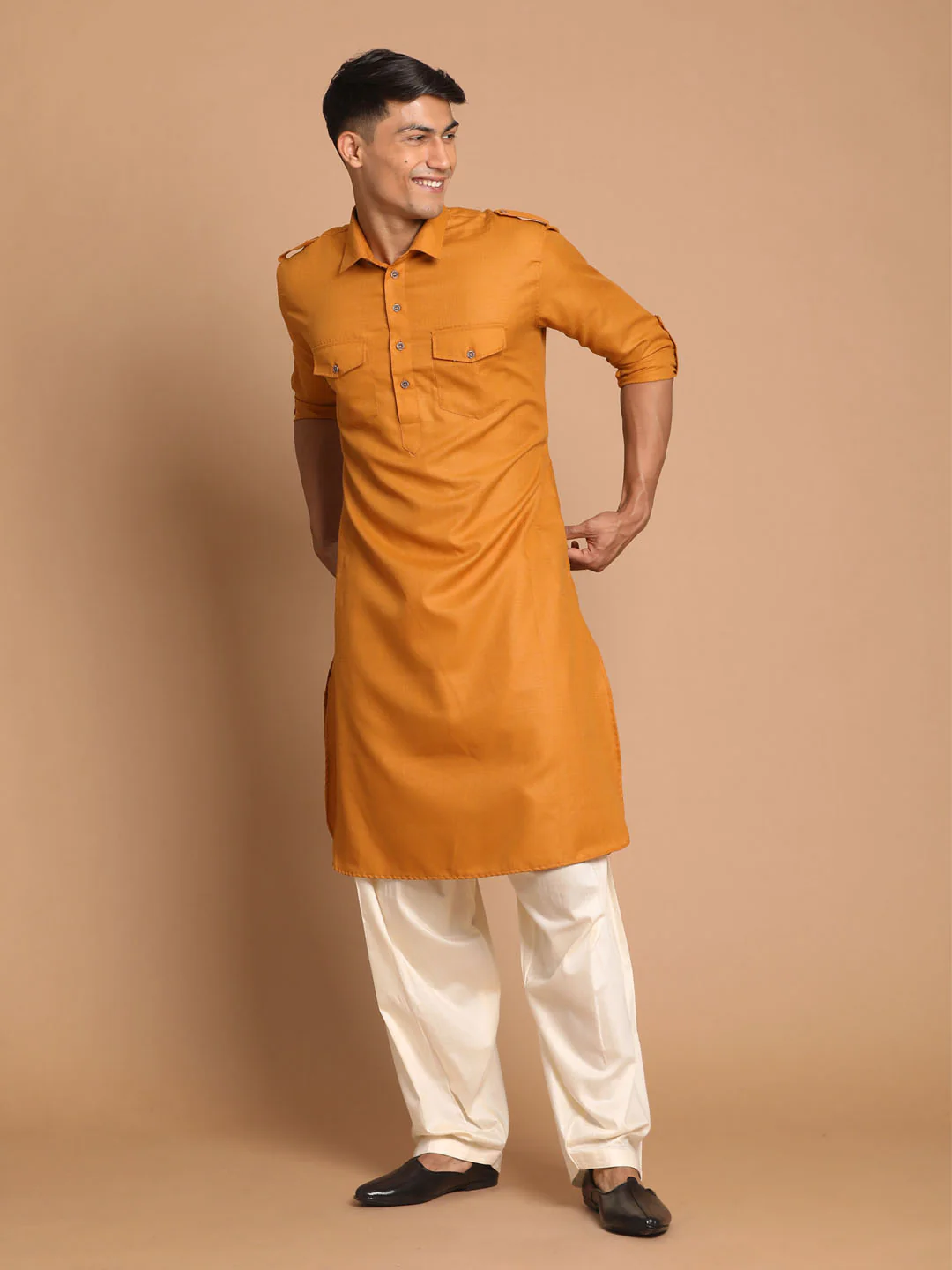 Men's Mustard Cotton Blend Pathani Suit Set - Image 2