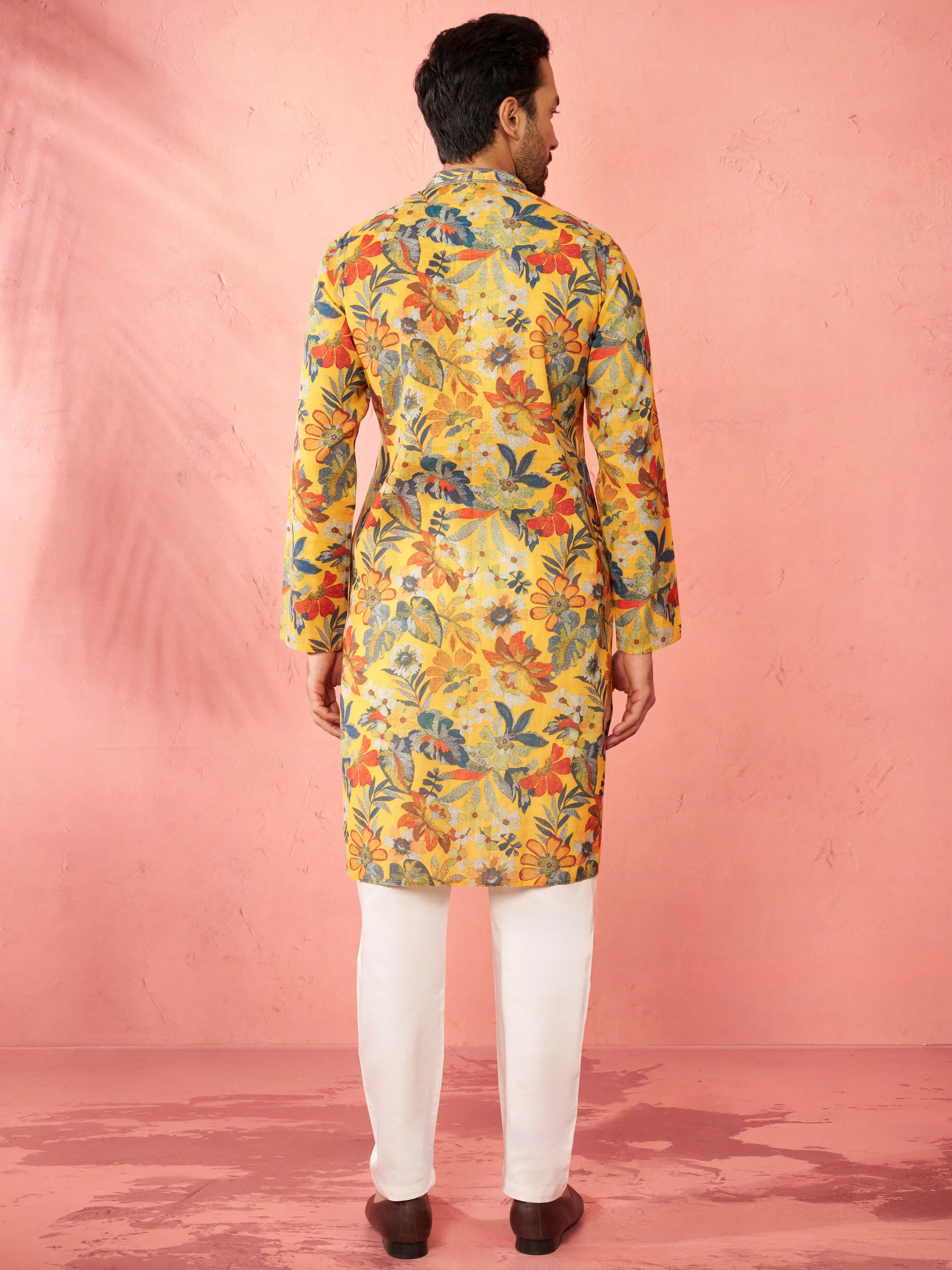 Men's Mustard Cotton Linen Kurta Set with Cream Pyjama - Image 5