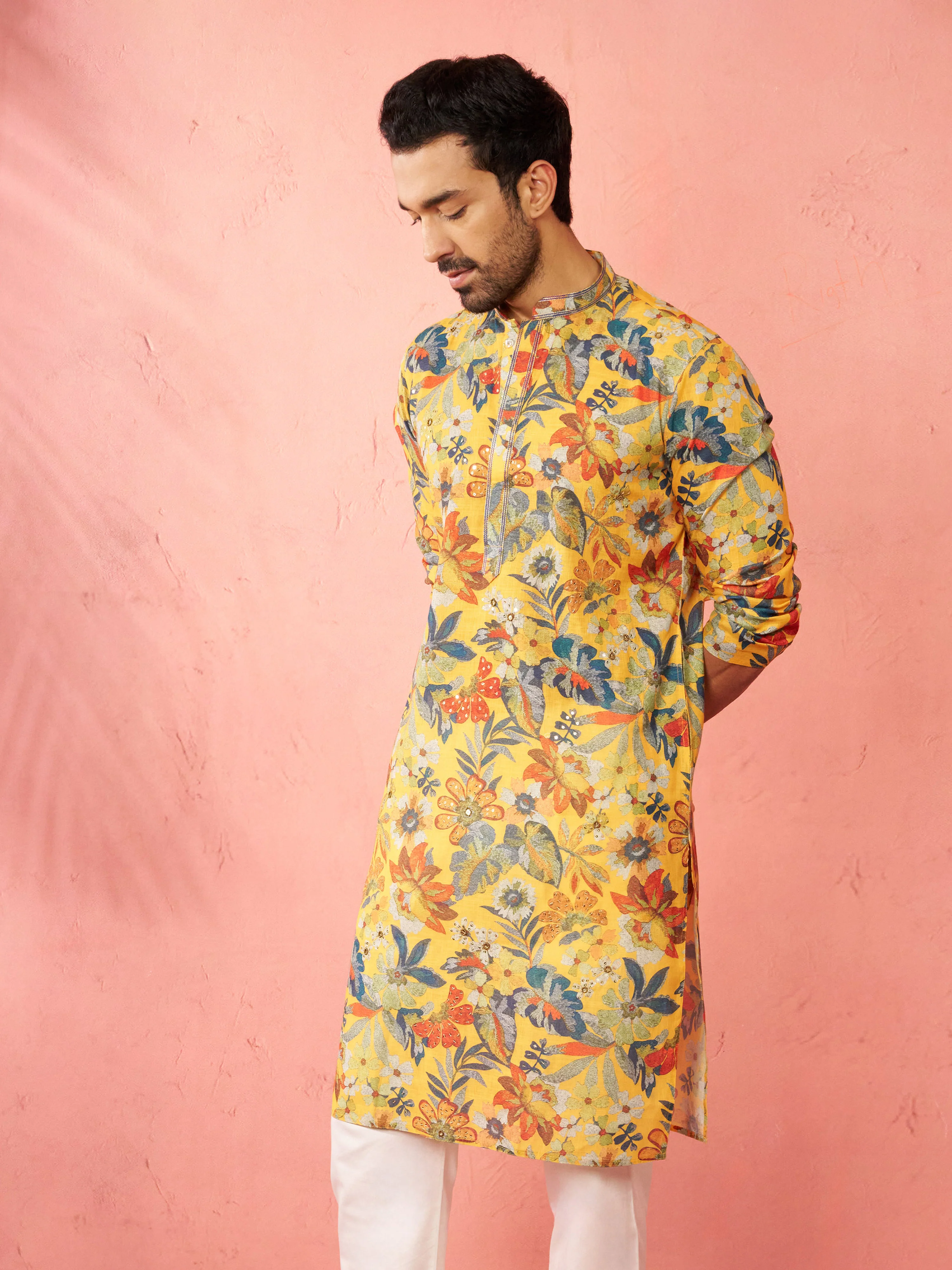 Men's Mustard Cotton Linen Long Kurta - Image 4
